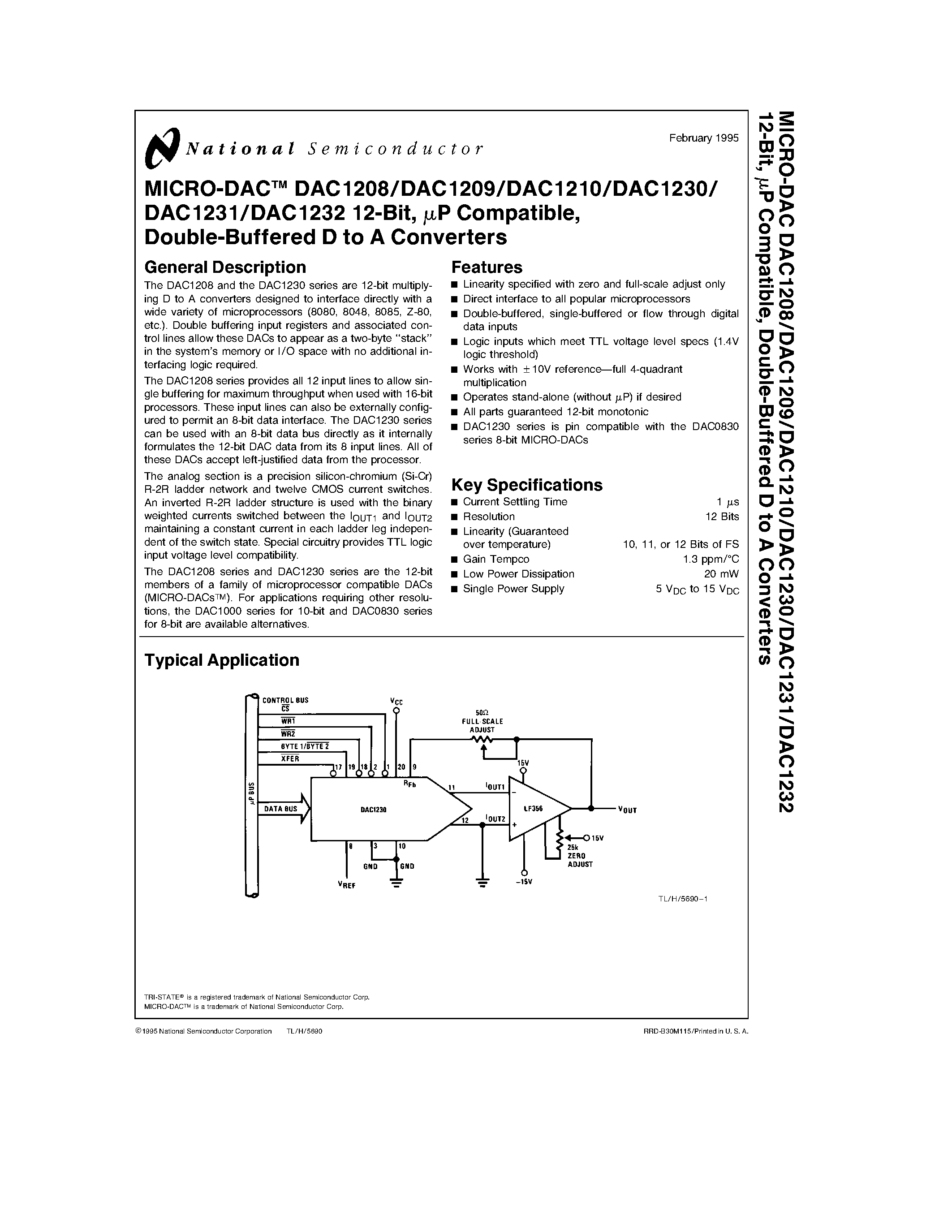 Datasheet DAC1210LCJ - DAC1231/DAC1232 12-Bit/ mP Compatible/Double-Buffered D to A Converters page 1