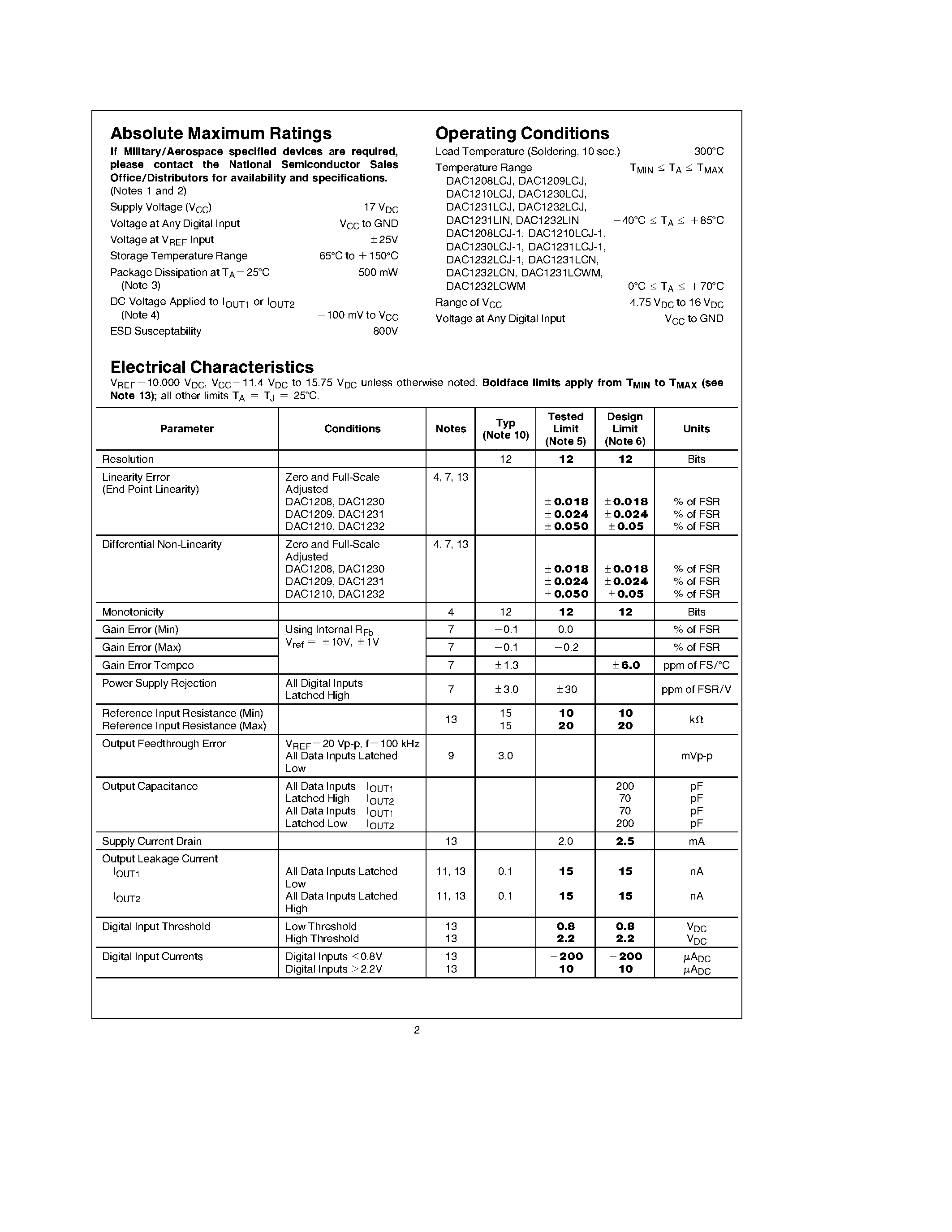 Datasheet DAC1210LCJ - DAC1231/DAC1232 12-Bit/ mP Compatible/Double-Buffered D to A Converters page 2