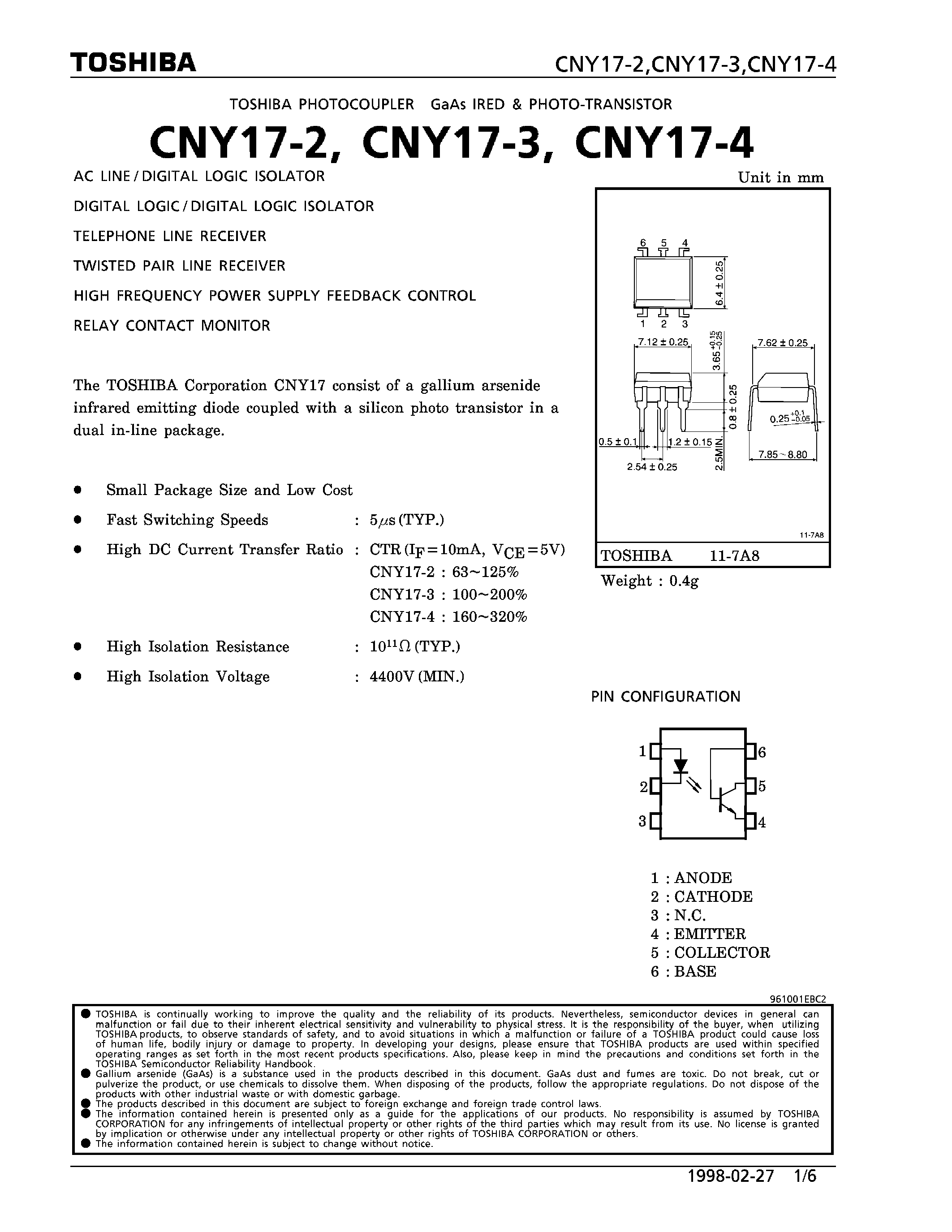 Даташит CYN17-4 - IRED & PHOTO-TRANSISTOR (AC LINE/DIGITAL LOGIC ISOLATOR) страница 1