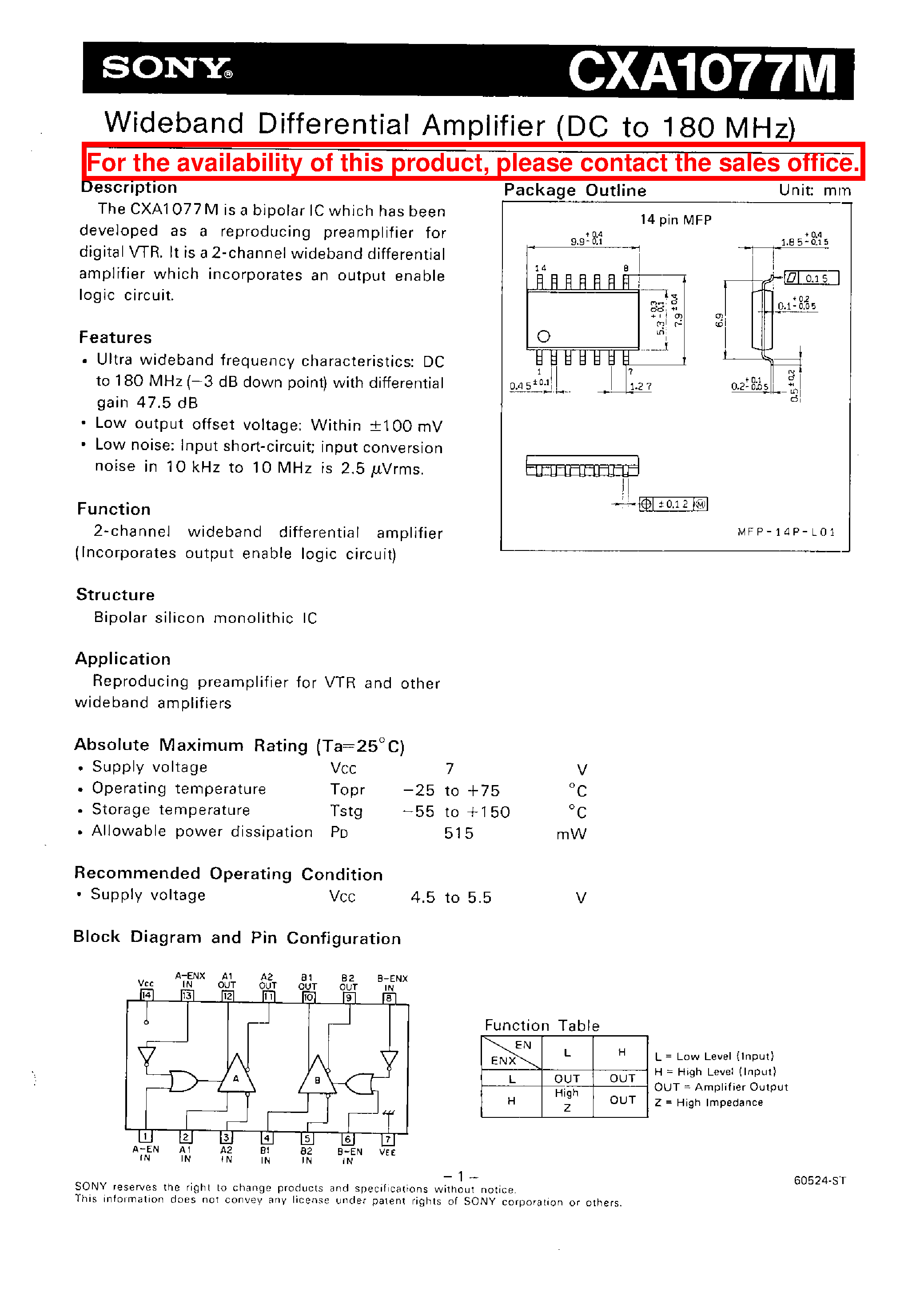 Даташит CXA1077M - WIDEBAND DIFFERENTIAL AMPLIFIER (DC TO 180 MHZ) страница 1