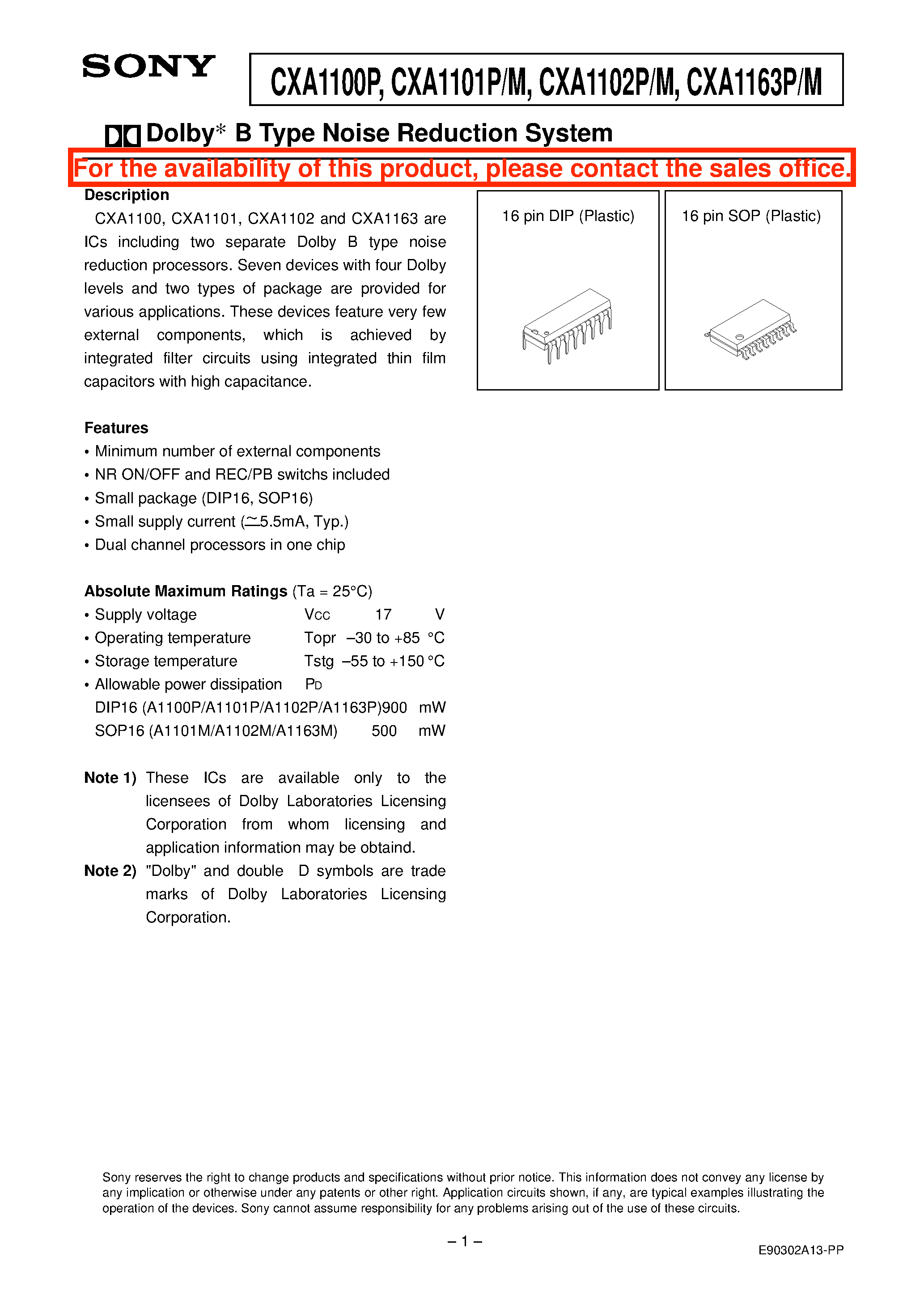 Datasheet CXA1100 - DOLBY B TYPE NOISE REDUCTION SYSTEM page 1