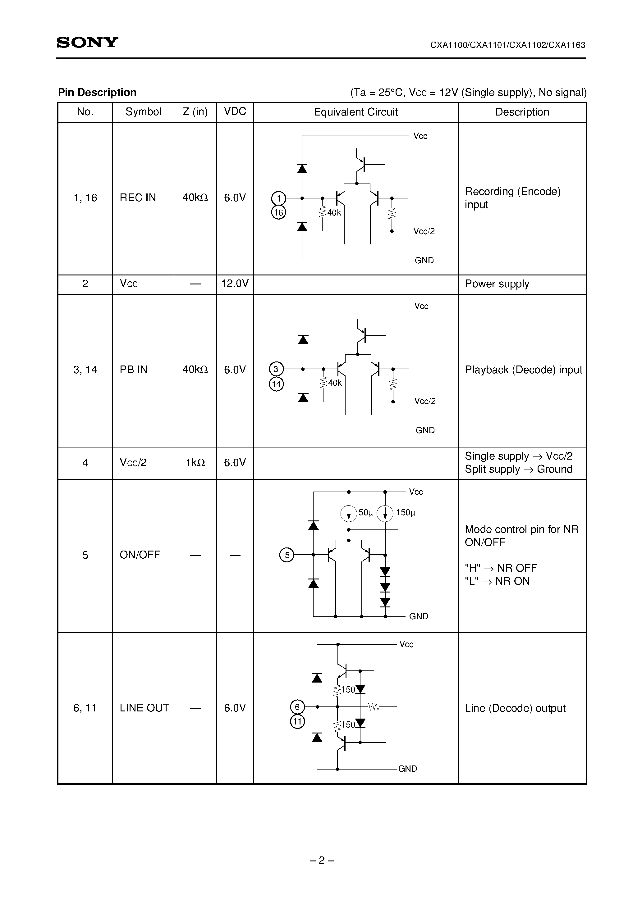 Datasheet CXA1100 - DOLBY B TYPE NOISE REDUCTION SYSTEM page 2