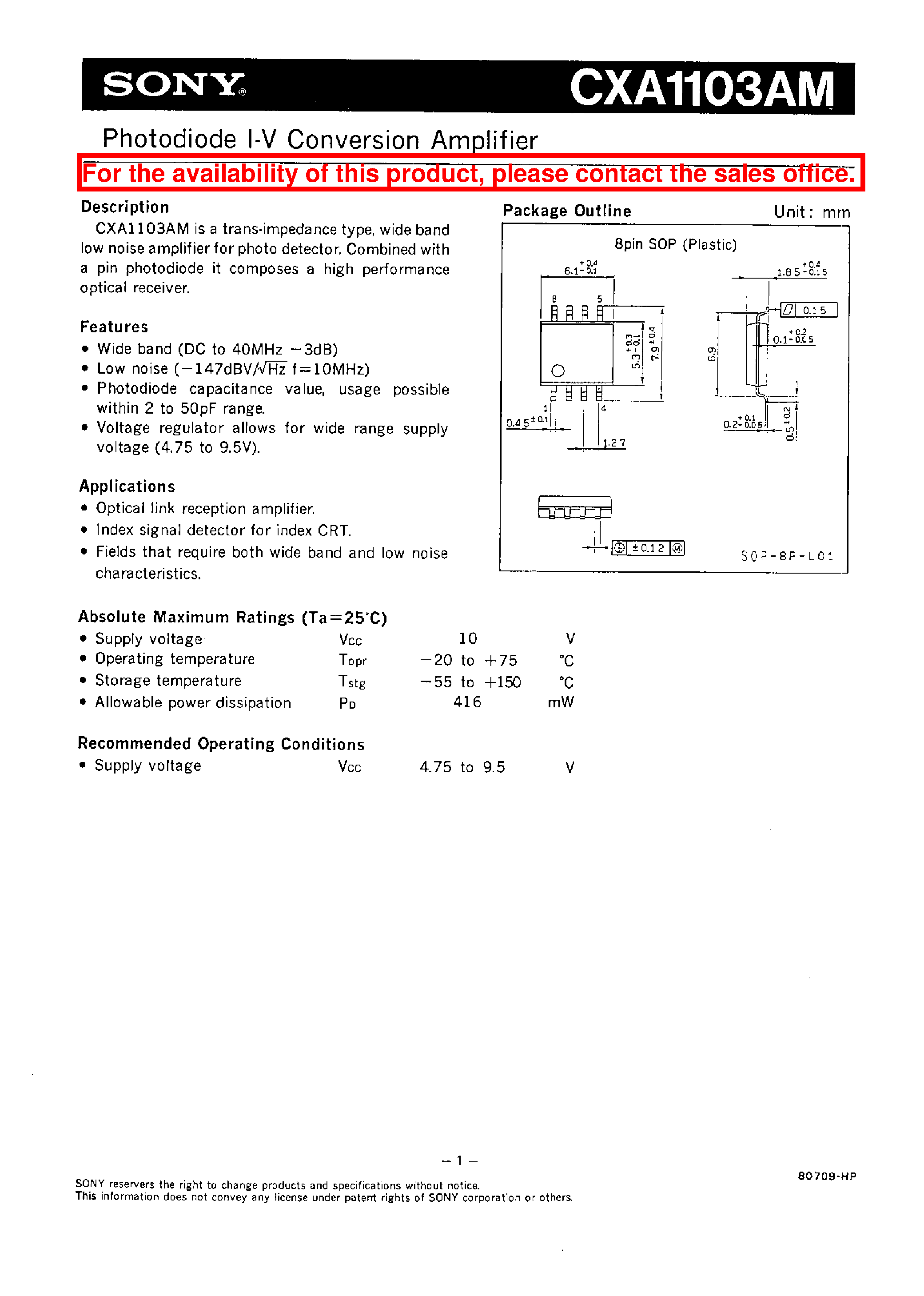 Даташит CXA1103 - PHOTODIODE I-V CONVERSION AMPLIFIER страница 1