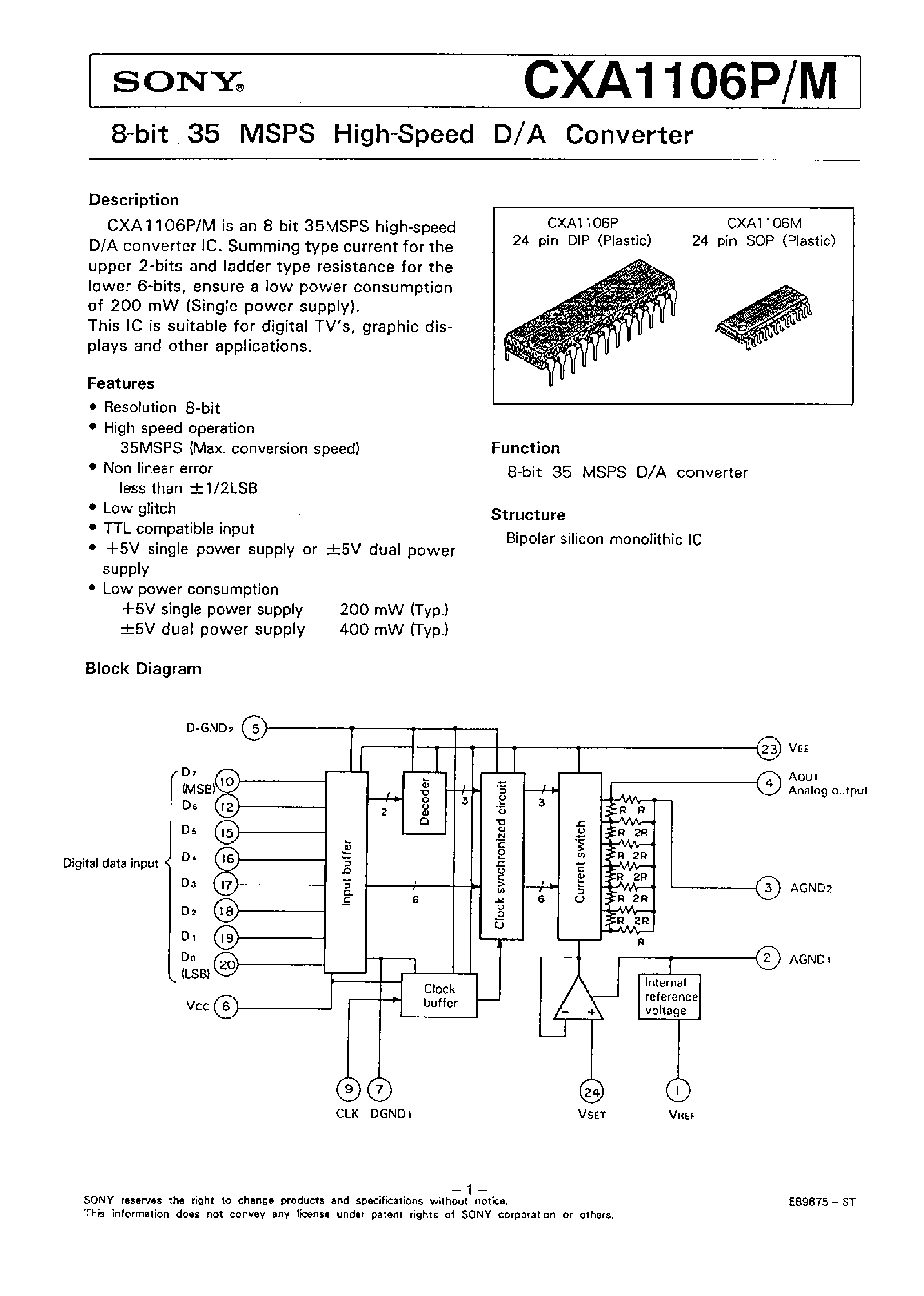 Даташит CXA1106 - 8-BIT 35 MSPS HIGH-SPEED D/A CONVERTER страница 1