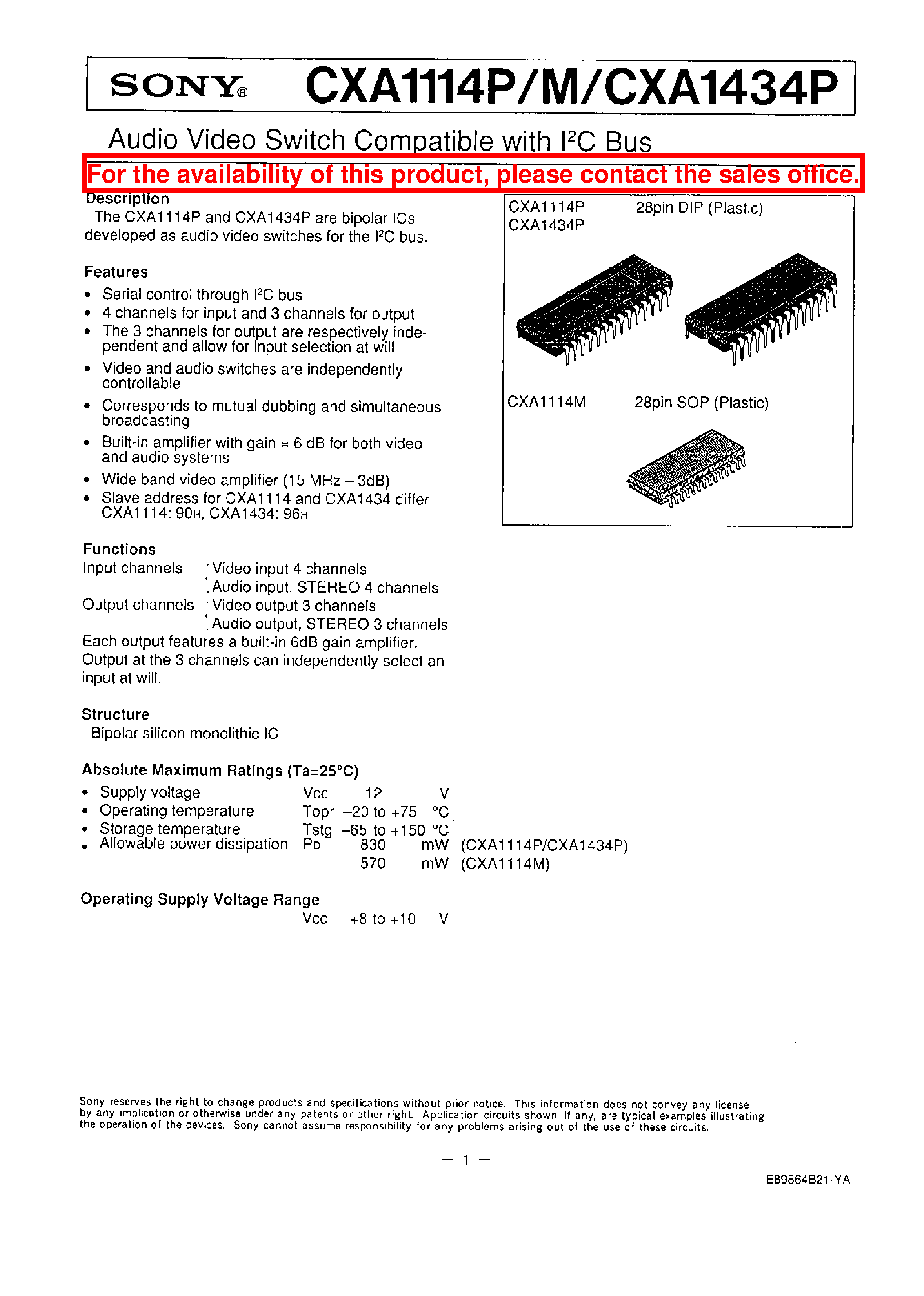 Даташит CXA1114M - AUDIO VIDEO SWITCH COMPATIBLE WITH I2C BUS страница 1