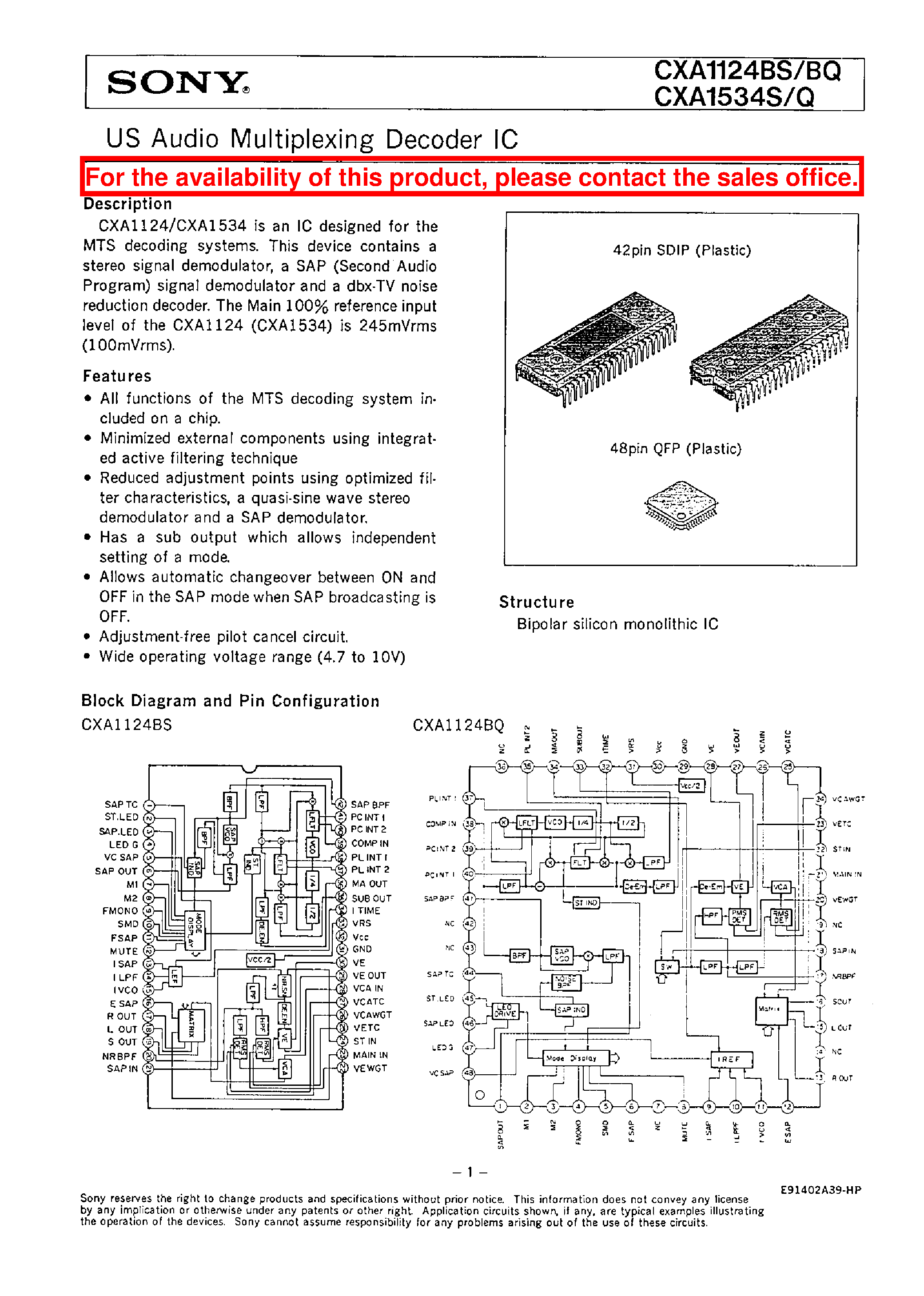 Даташит CXA1124 - US AUDIO MULTIPLEXING DECODER IC страница 1