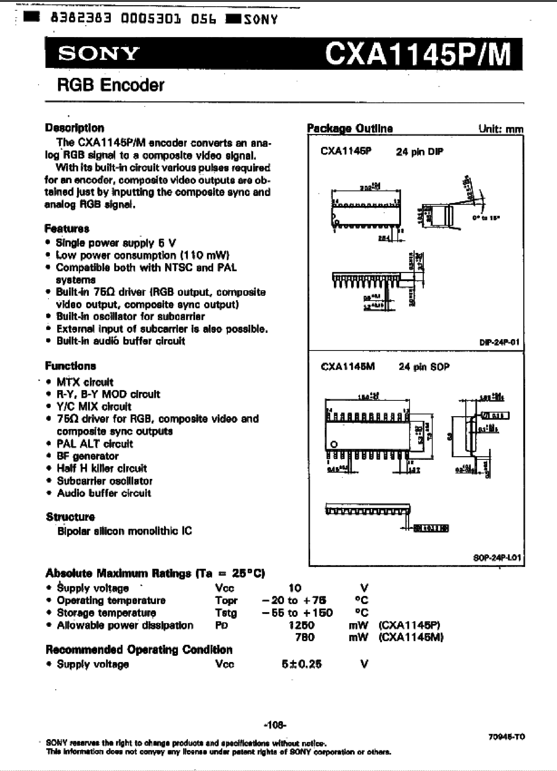 Даташит CXA1145M - RGB Encoder страница 1