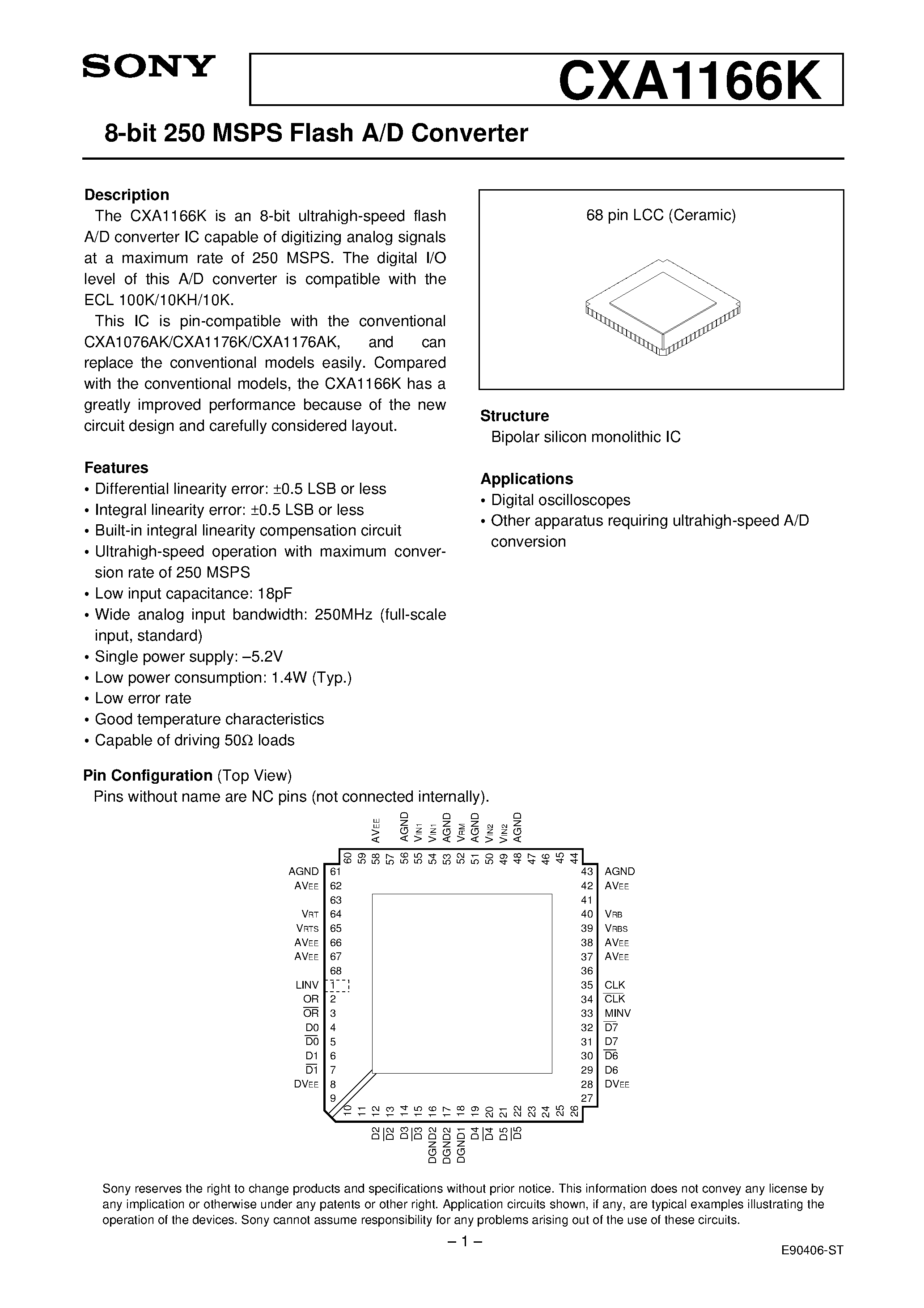 Даташит CXA1166 - 8-bit 250 MSPS Flash A/D Converter страница 1