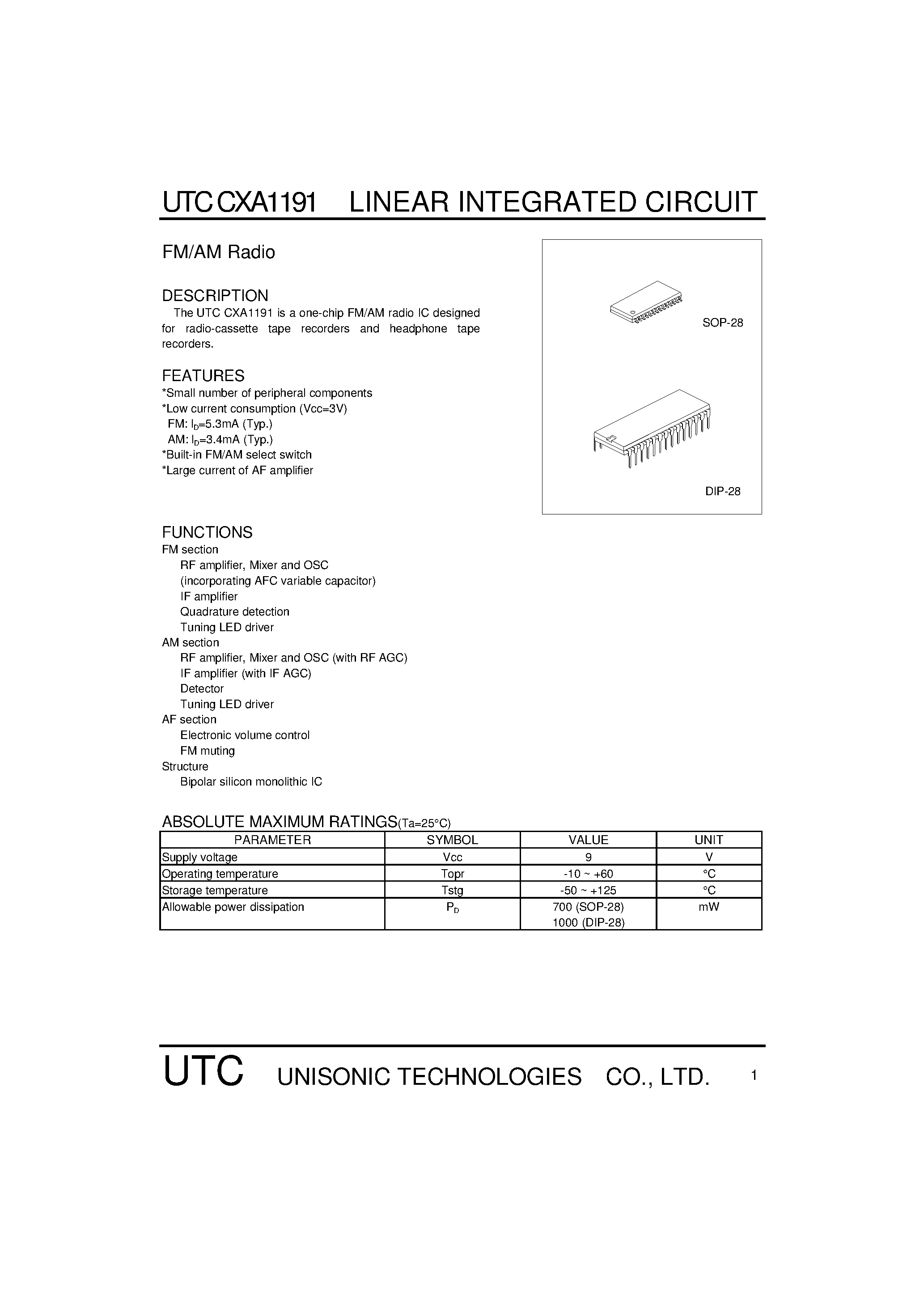 Даташит CXA1191 - FM/AM Radio (for radio-cassette tape recorders and headphone tape recorders.) страница 1