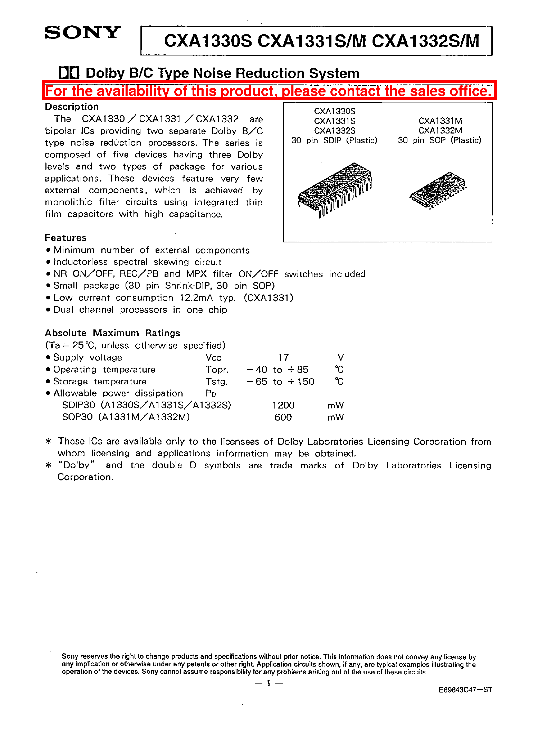 Datasheet CXA1330 - DOLBY B/C TYPE NOISE REDUCTION SYSTEM page 1