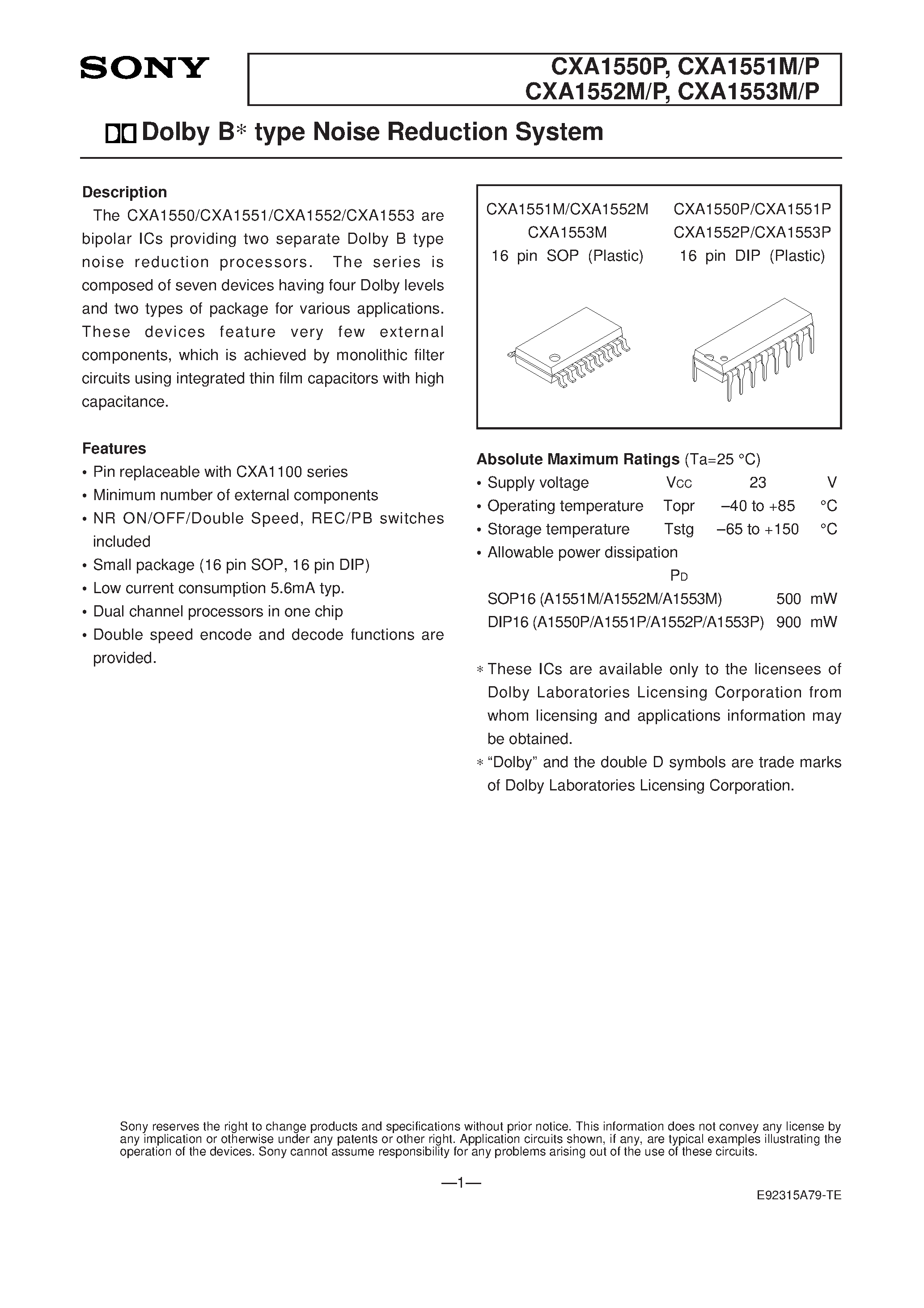 Datasheet CXA1550 - Dolby B type Noise Reduction System page 1