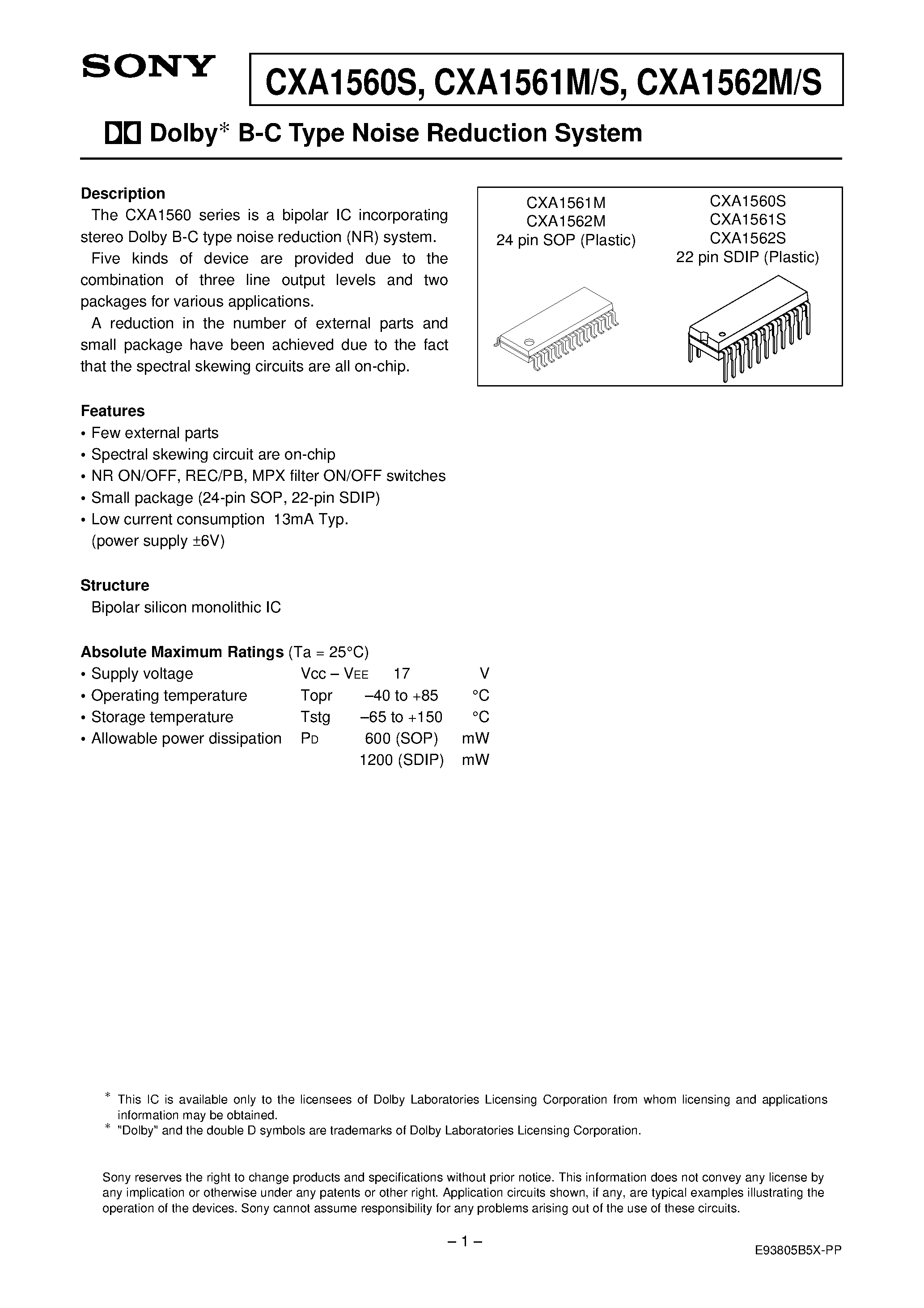 Datasheet CXA1560S - Dolby B-C Type Noise Reduction System page 1