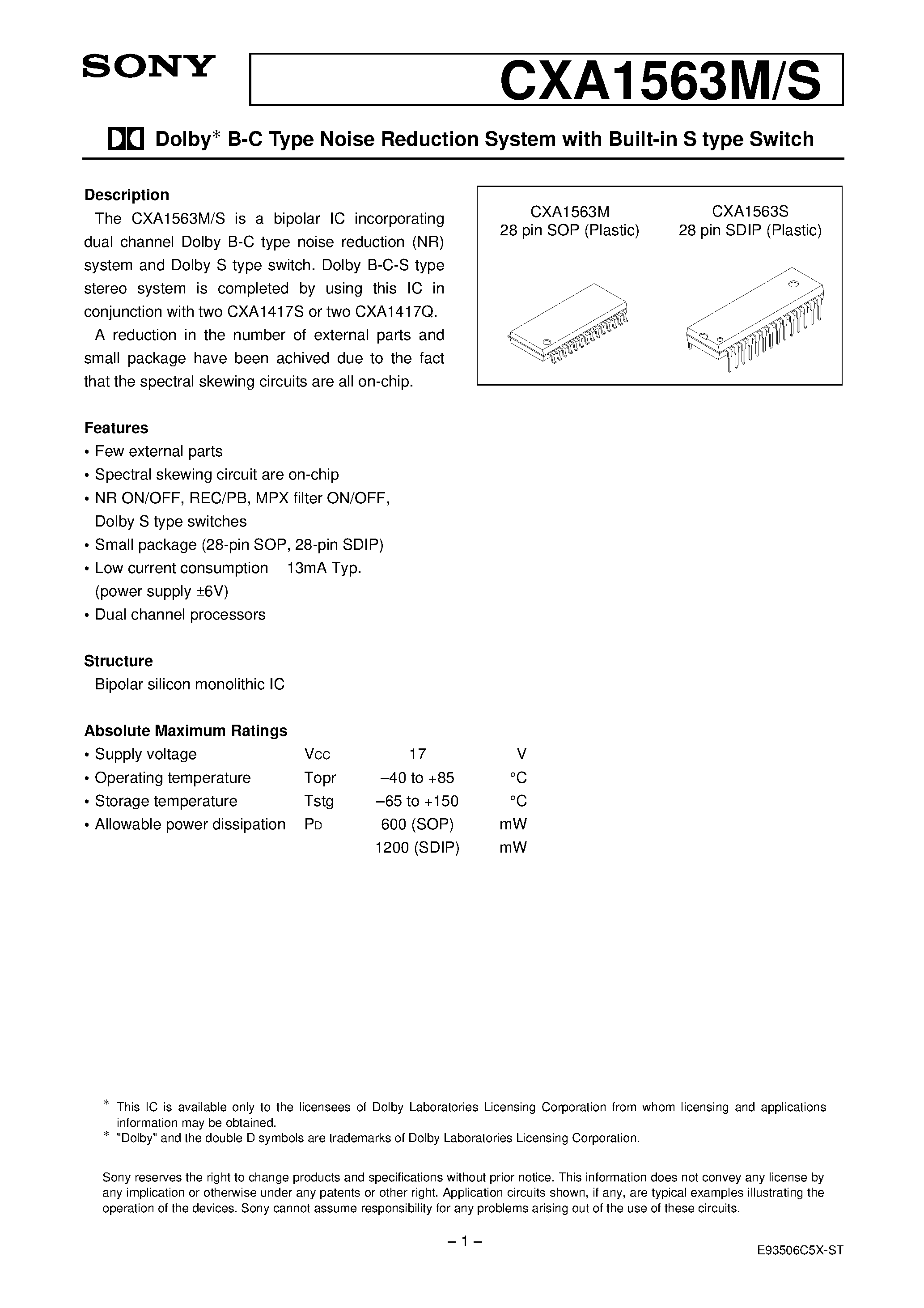 Datasheet CXA1563M - Dolby B-C Type Noise Reduction System with Built-in S type Switch page 1