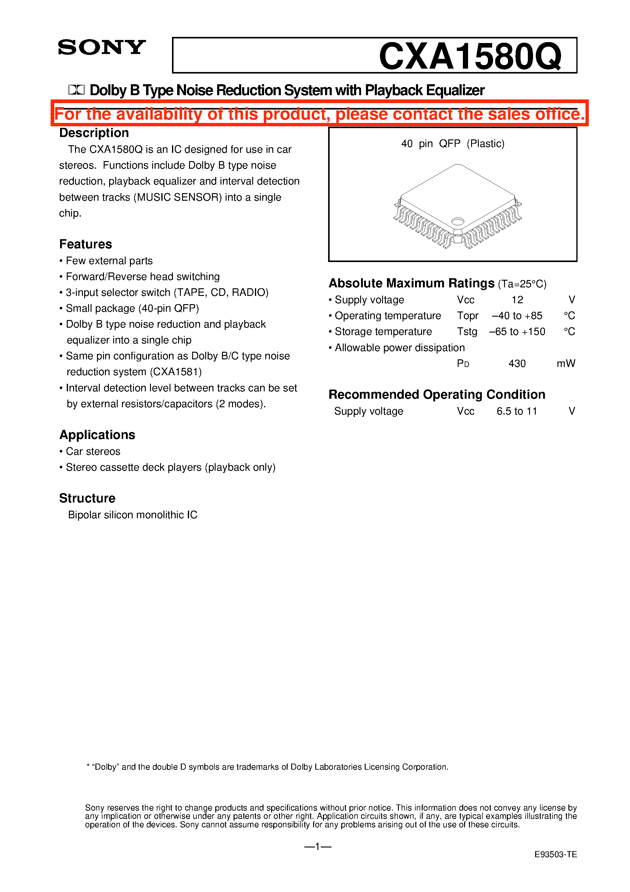 Datasheet CXA1580Q - Dolby B Type Noise Reduction System with Playback Equalizer page 1