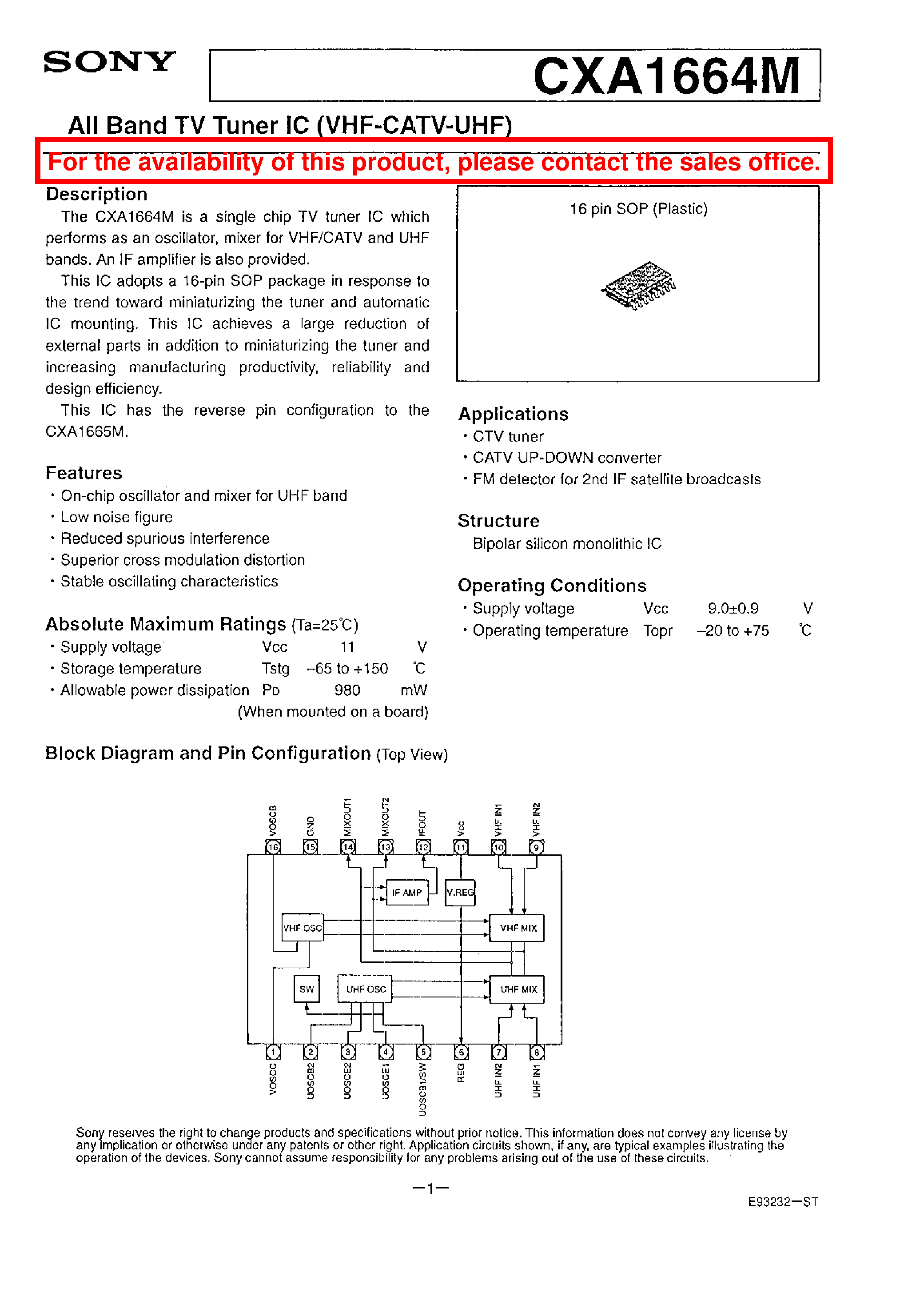 Datasheet CXA1664M - ALL BAND TV TUNER IC (VHF-CATV-UHF) page 1