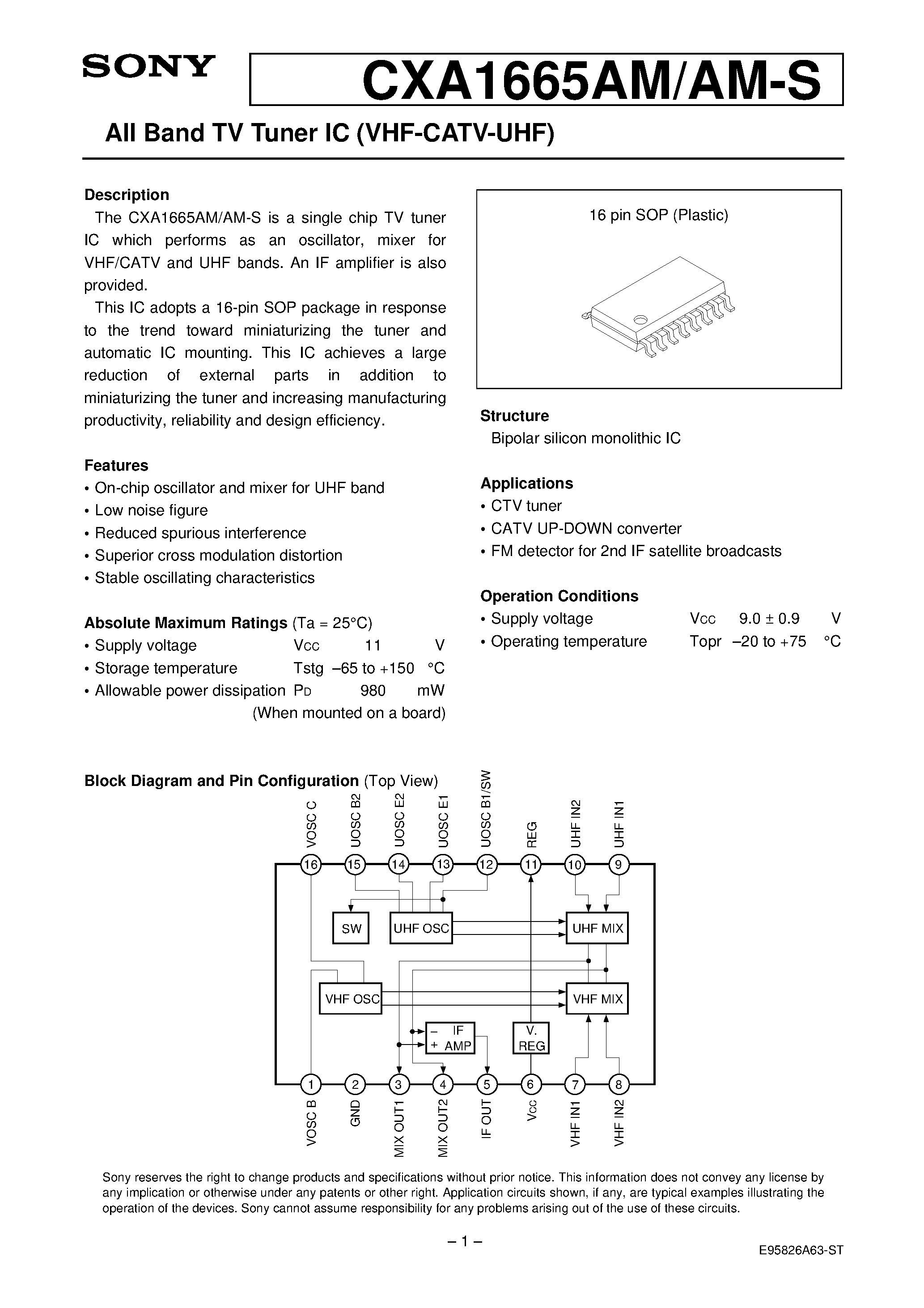 Datasheet CXA1665 - All Band TV Tuner IC (VHF-CATV-UHF) page 1