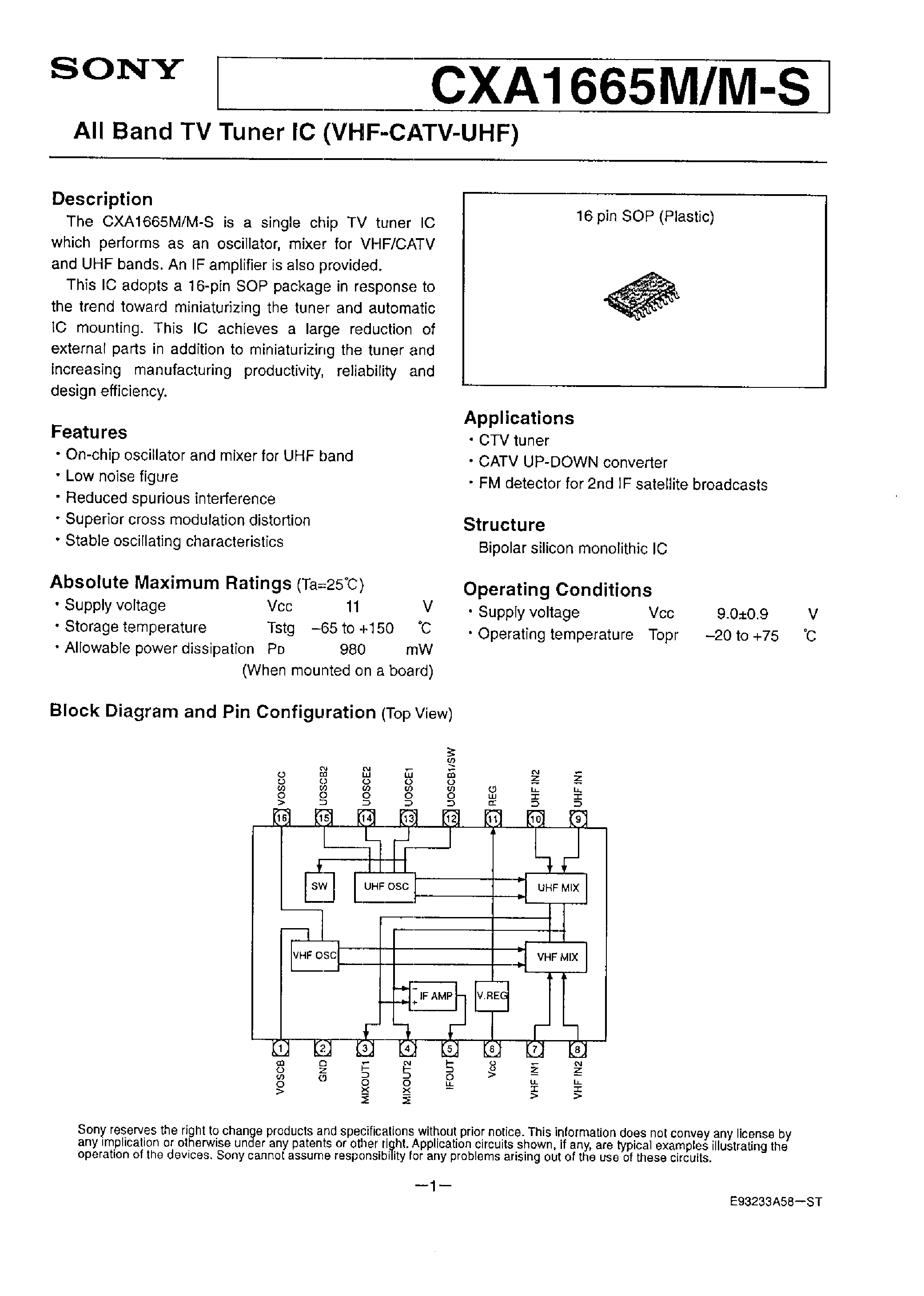 Datasheet CXA1665M - All Band TV Tuner IC (VHF-CATV-UHF) page 1