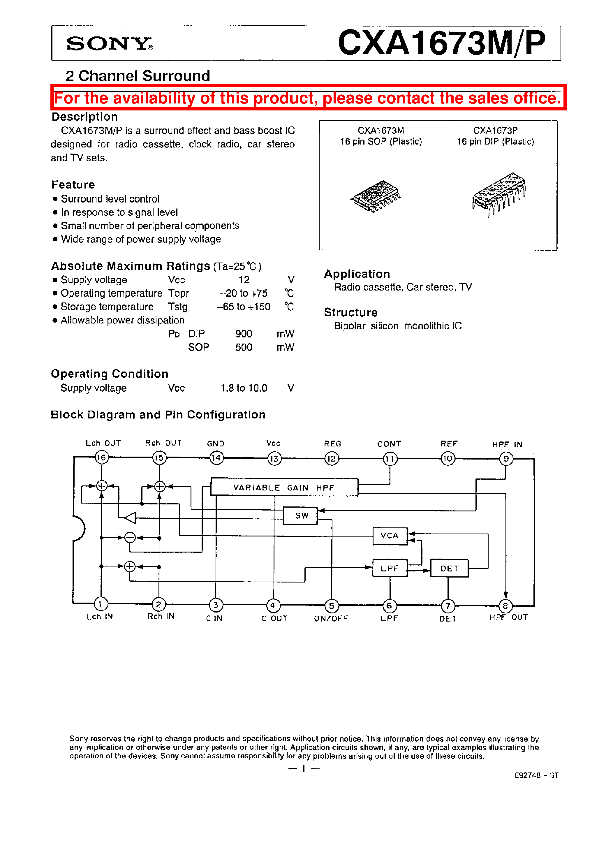 Datasheet CXA1673 - 2 CHANNEL SURROUND page 1