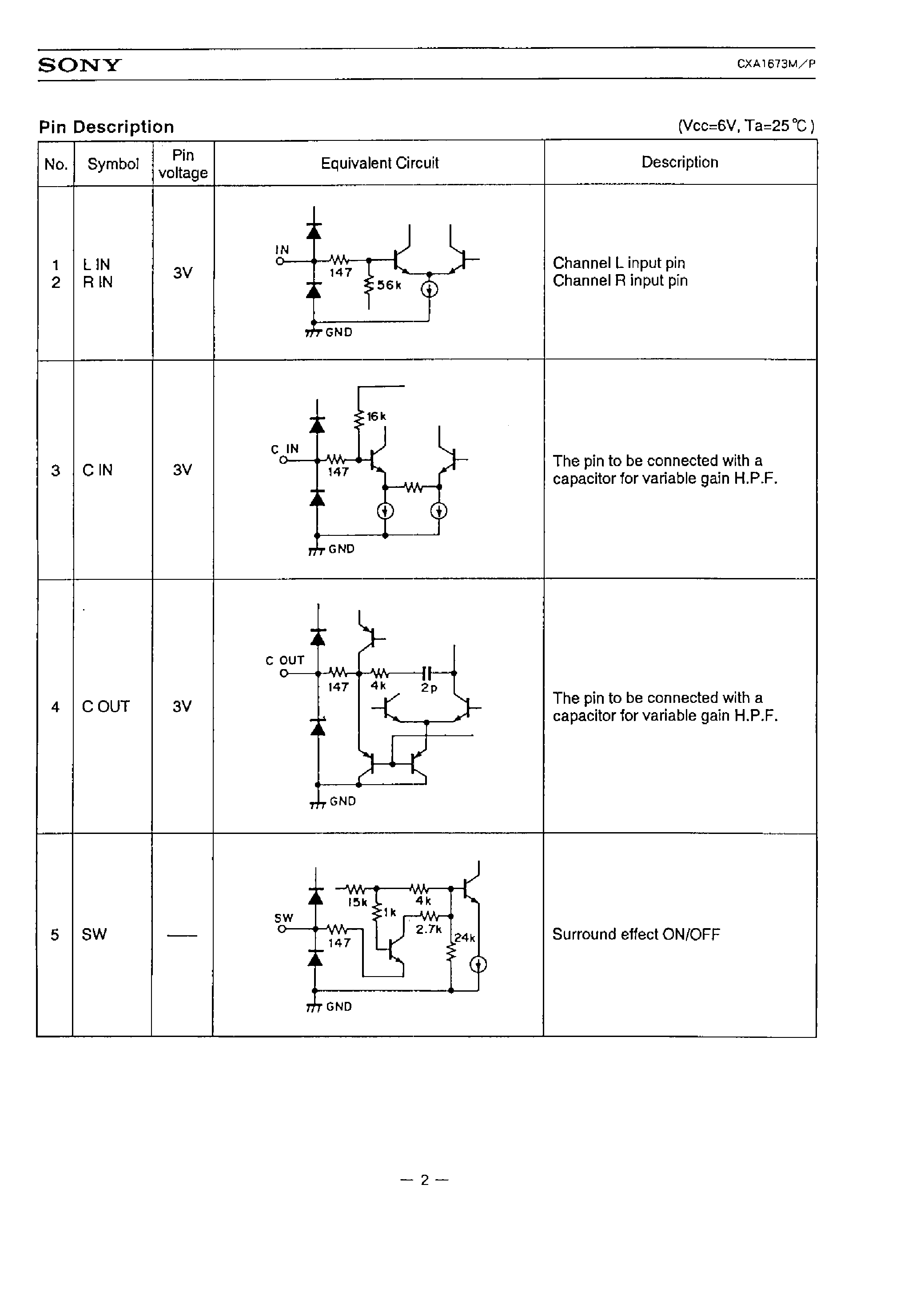 Datasheet CXA1673 - 2 CHANNEL SURROUND page 2