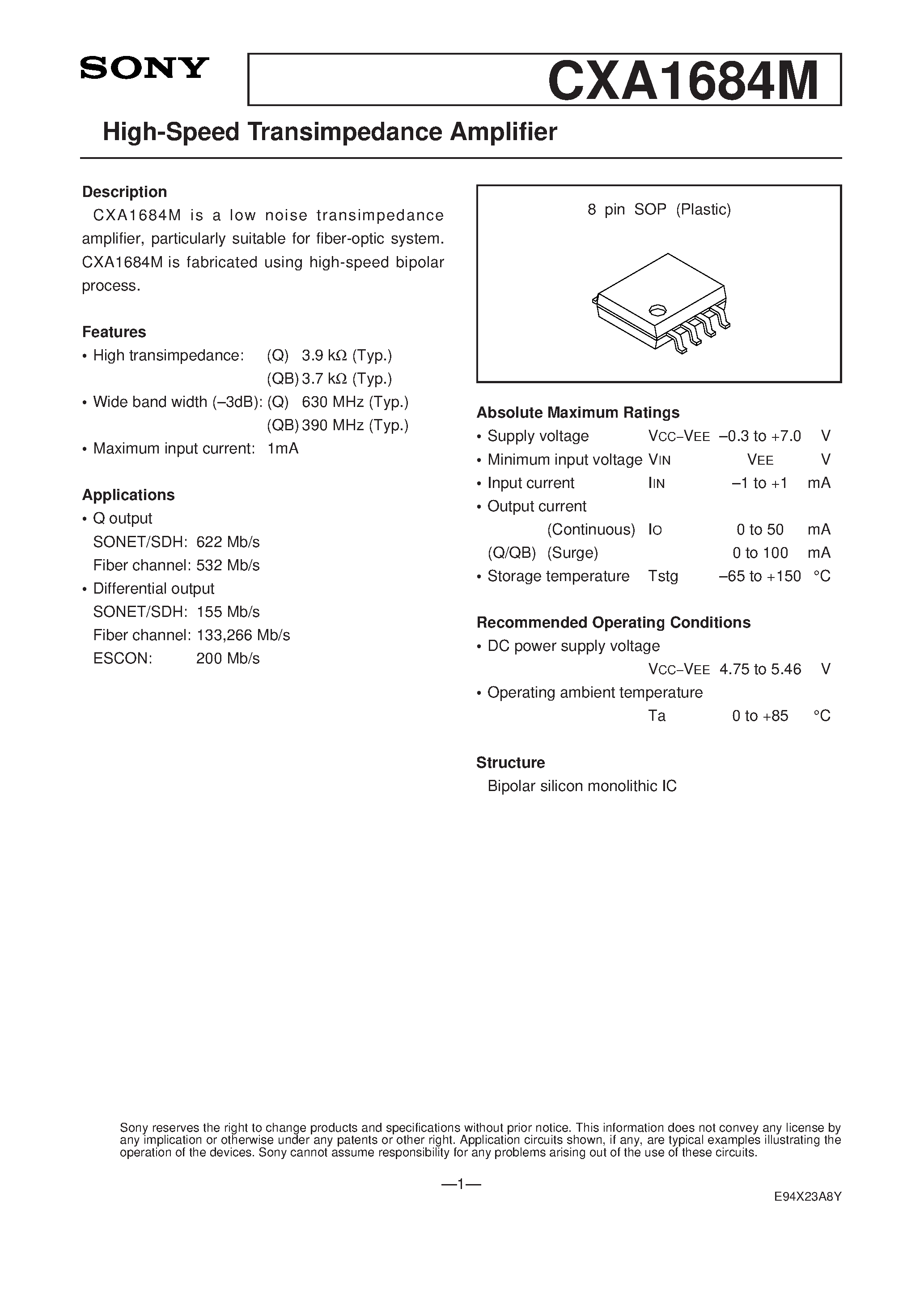 Datasheet CXA1684M - High-Speed Transimpedance Amplifier page 1