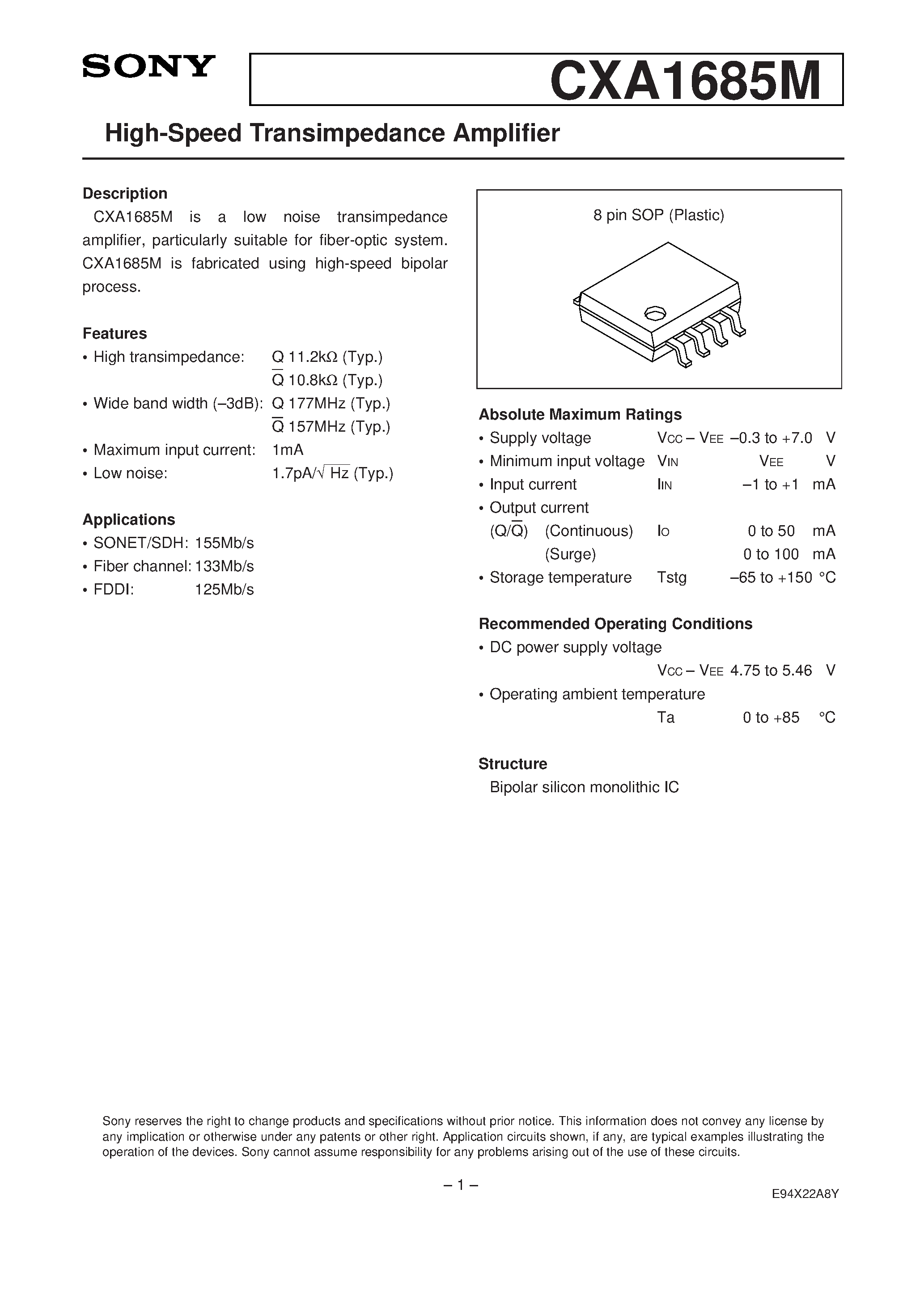 Datasheet CXA1685M - High-Speed Transimpedance Amplifier page 1