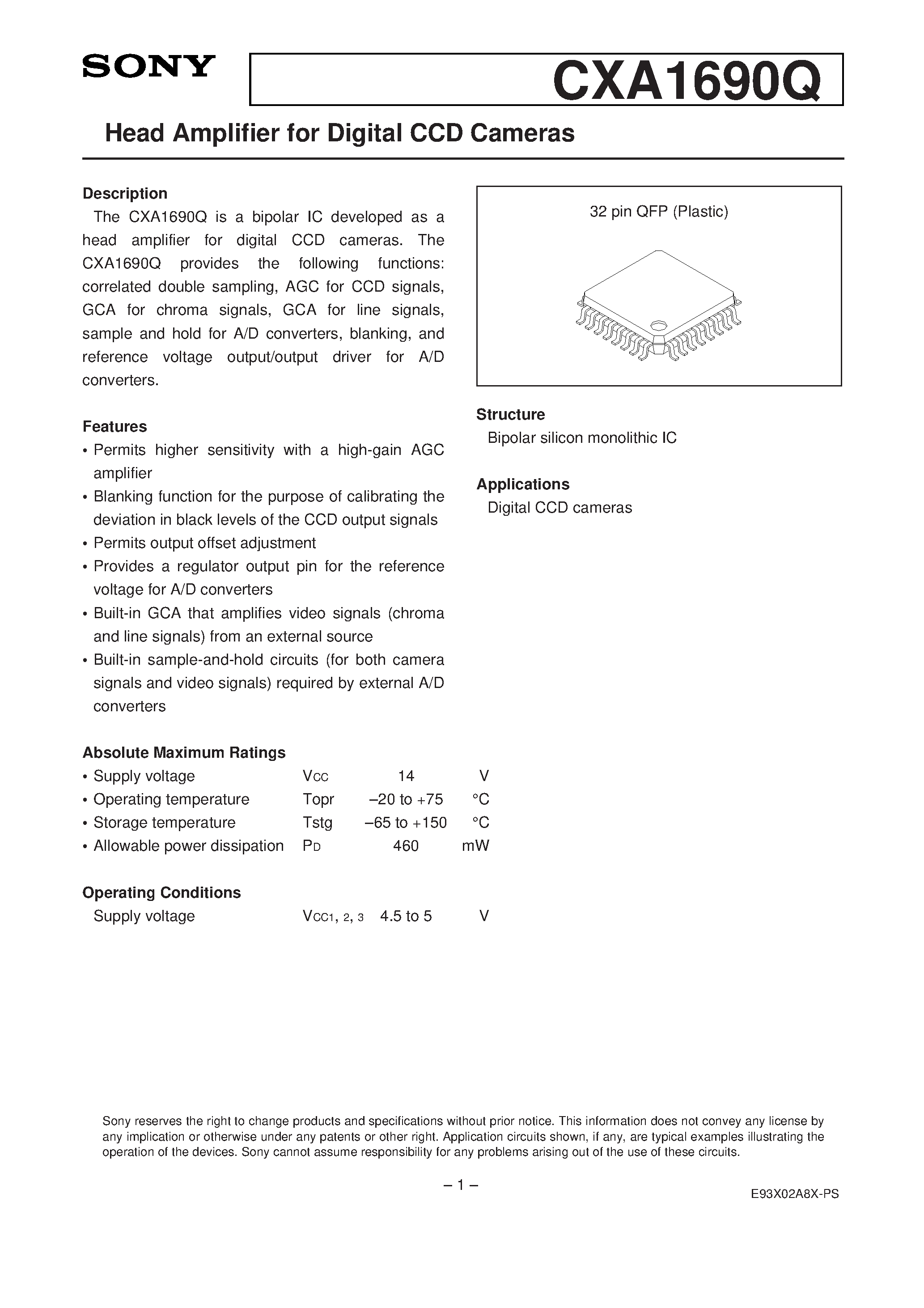 Datasheet CXA1690Q - Head Amplifier for Digital CCD Cameras page 1