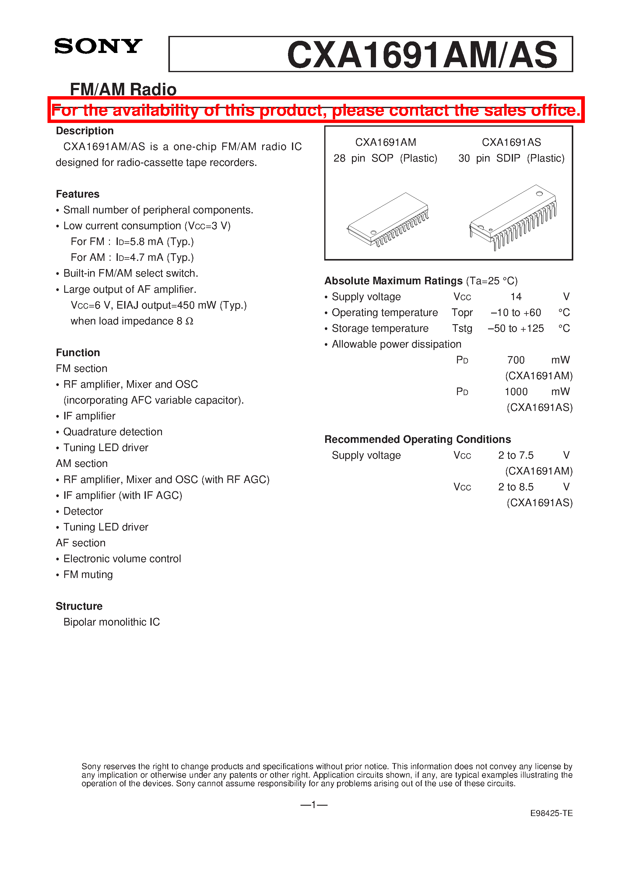 Datasheet CXA1691AM - FM/AM Radio page 1