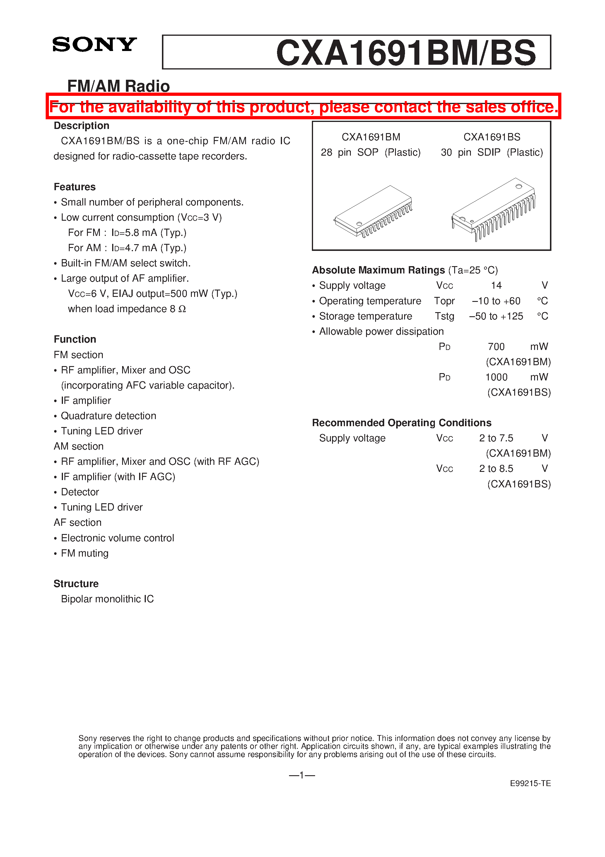 Datasheet CXA1691BM - FM/AM Radio page 1