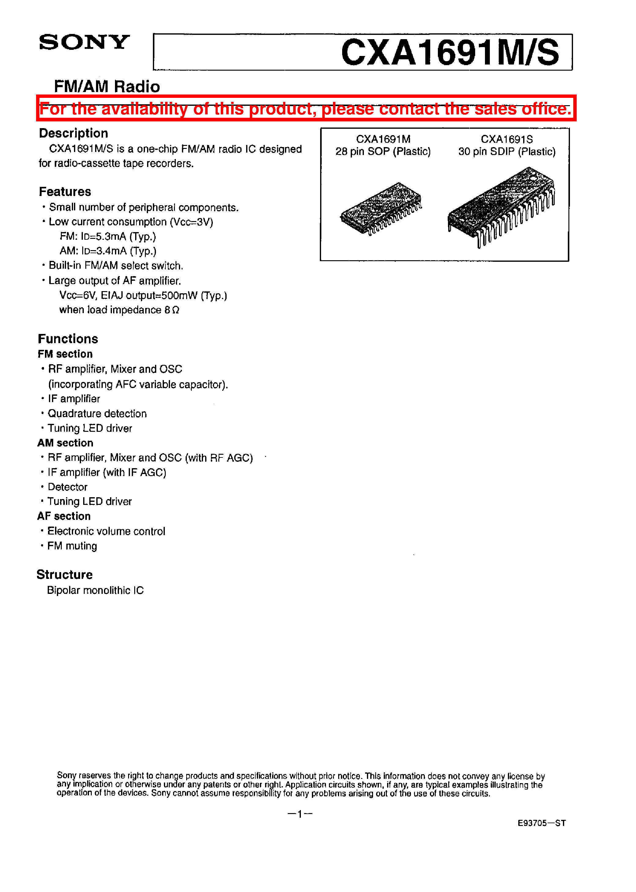 Datasheet CXA1691M - FM/AM RADIO page 1