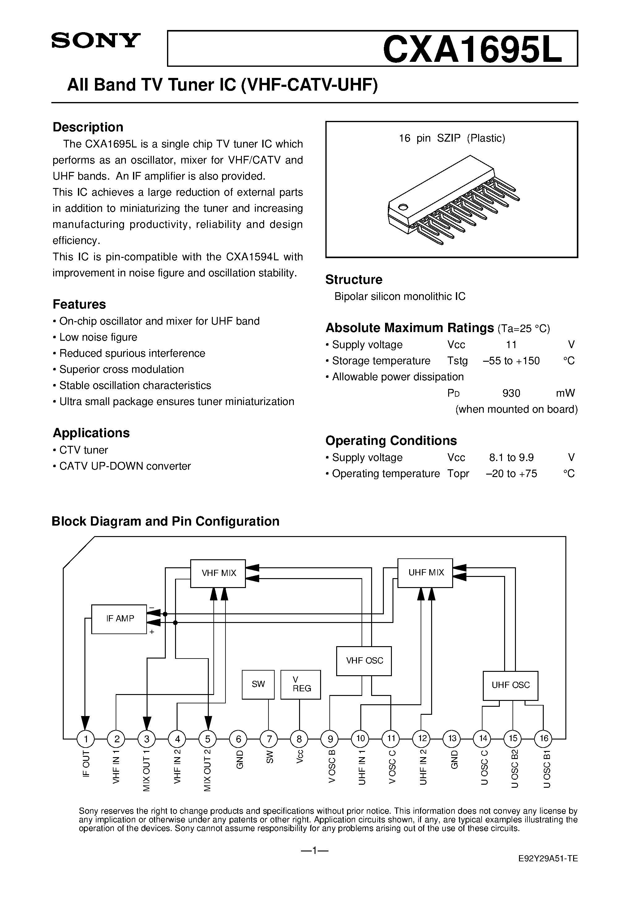 Datasheet CXA1695 - All Band TV Tuner IC (VHF-CATV-UHF) page 1