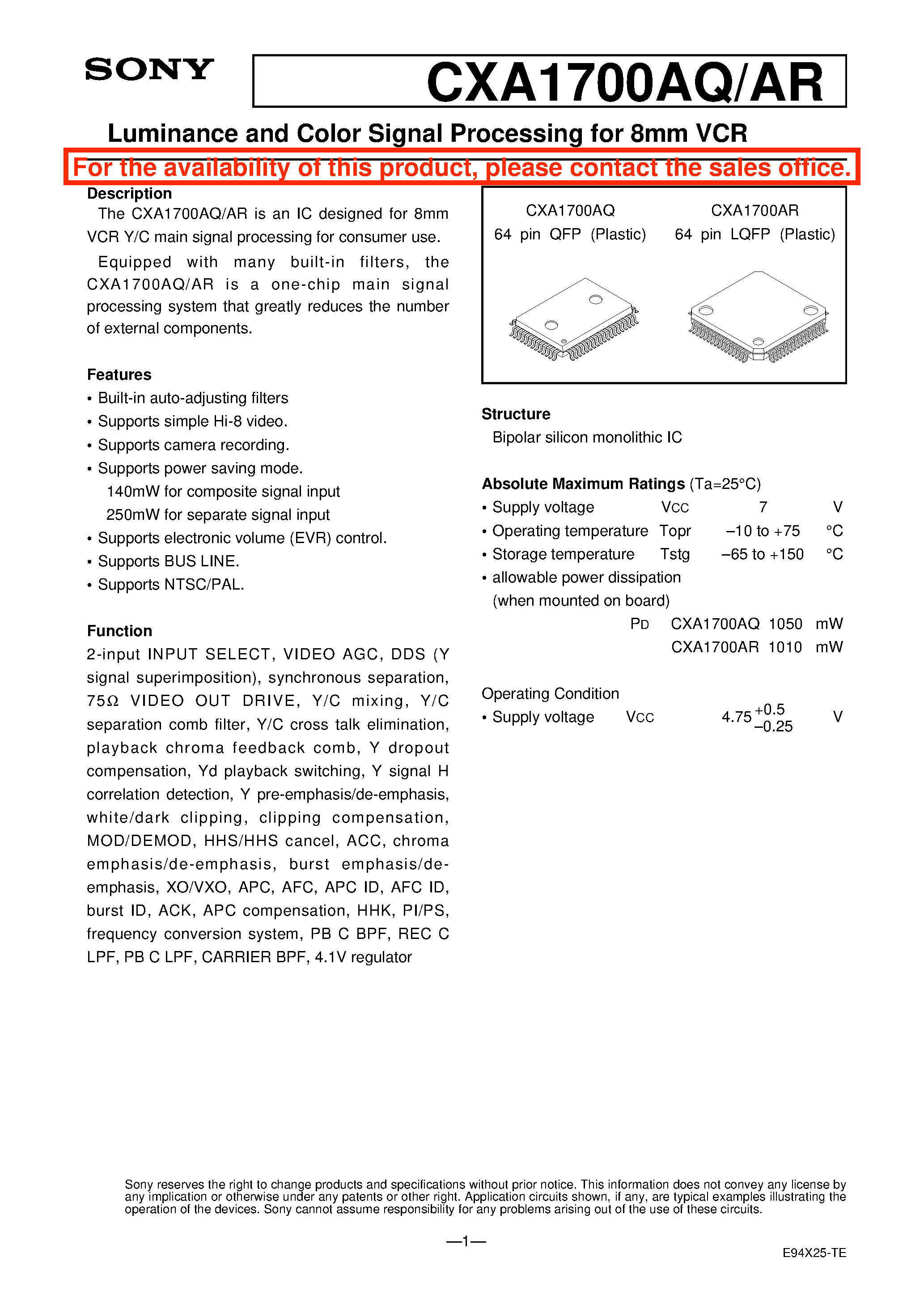 Datasheet CXA1700 - Luminance and Color Signal Processing for 8mm VCR page 1