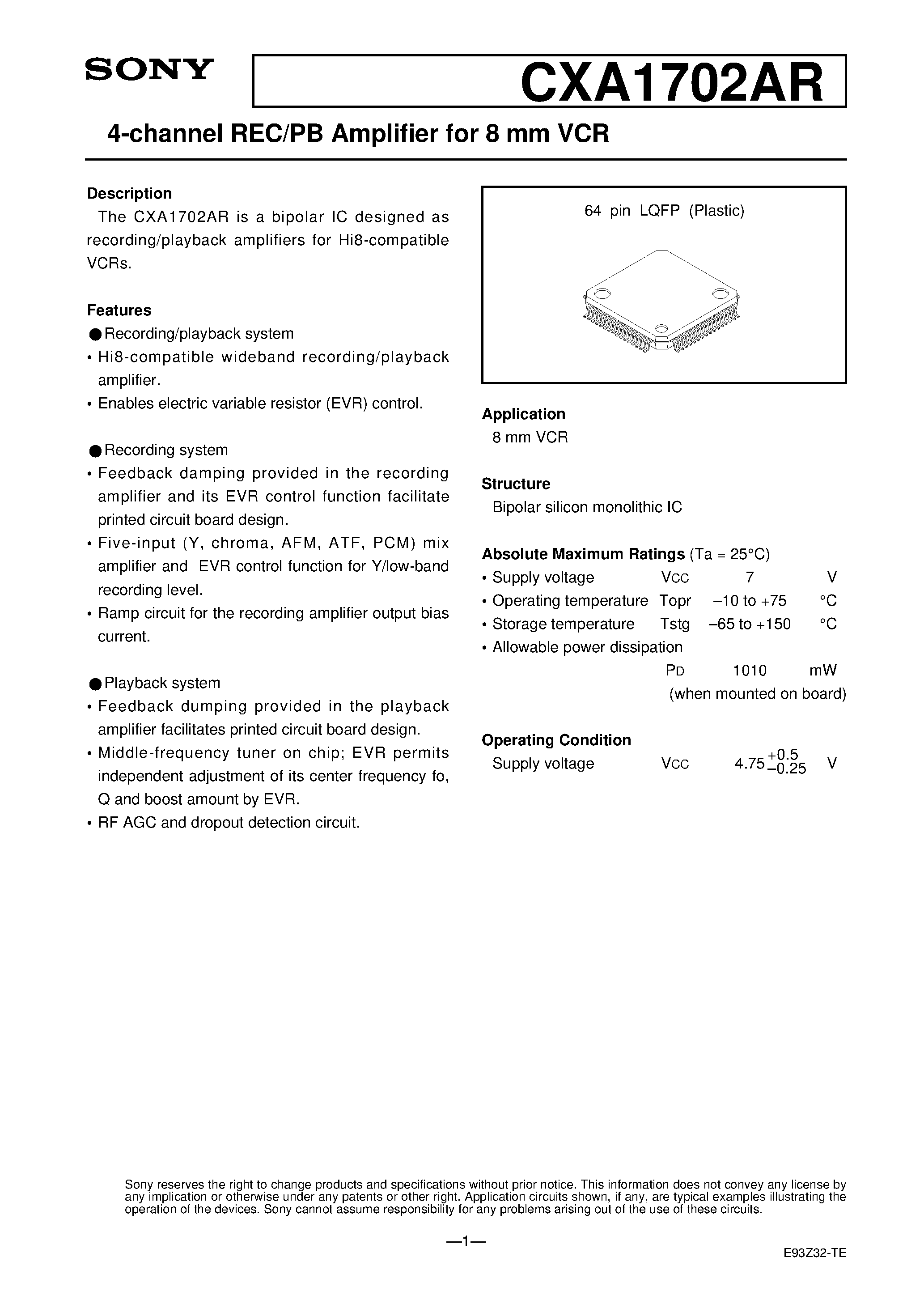 Datasheet CXA1702AR - 4-channel REC/PB Amplifier for 8 mm VCR page 1