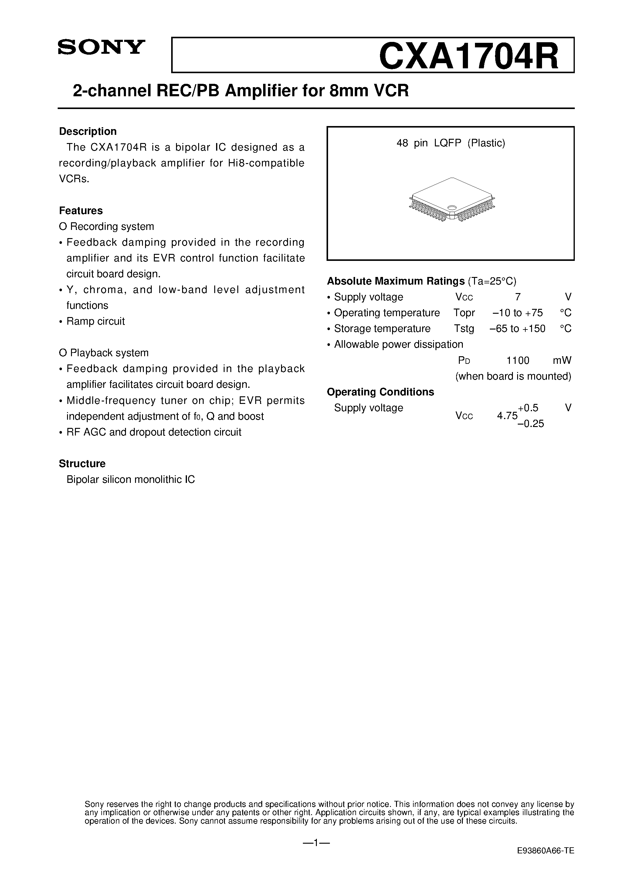 Datasheet CXA1704R - 2-channel REC/PB Amplifier for 8mm VCR page 1