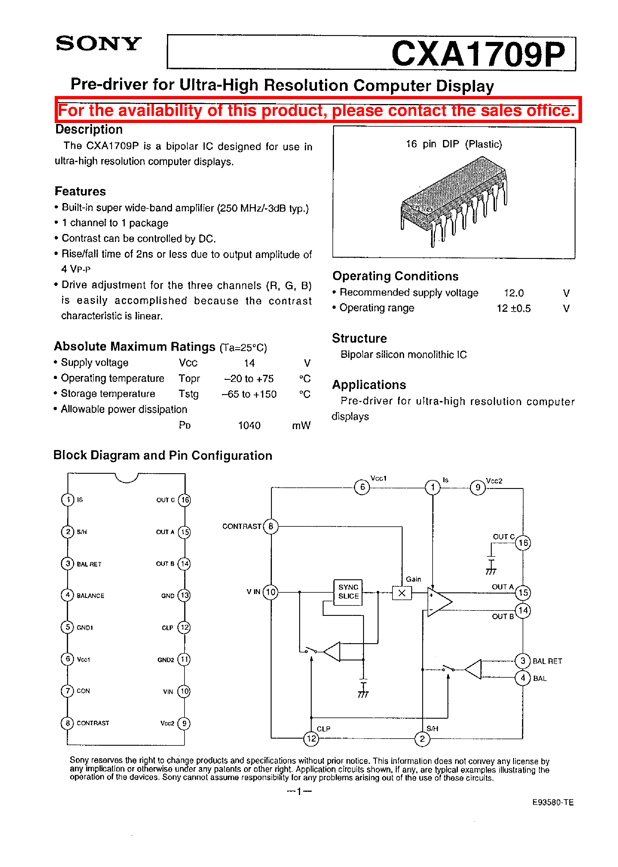 Datasheet CXA1709 - PRE-DRIVER FOR ULTRA-HIGH RESOLUTION COMPUTER DISPLAY page 1