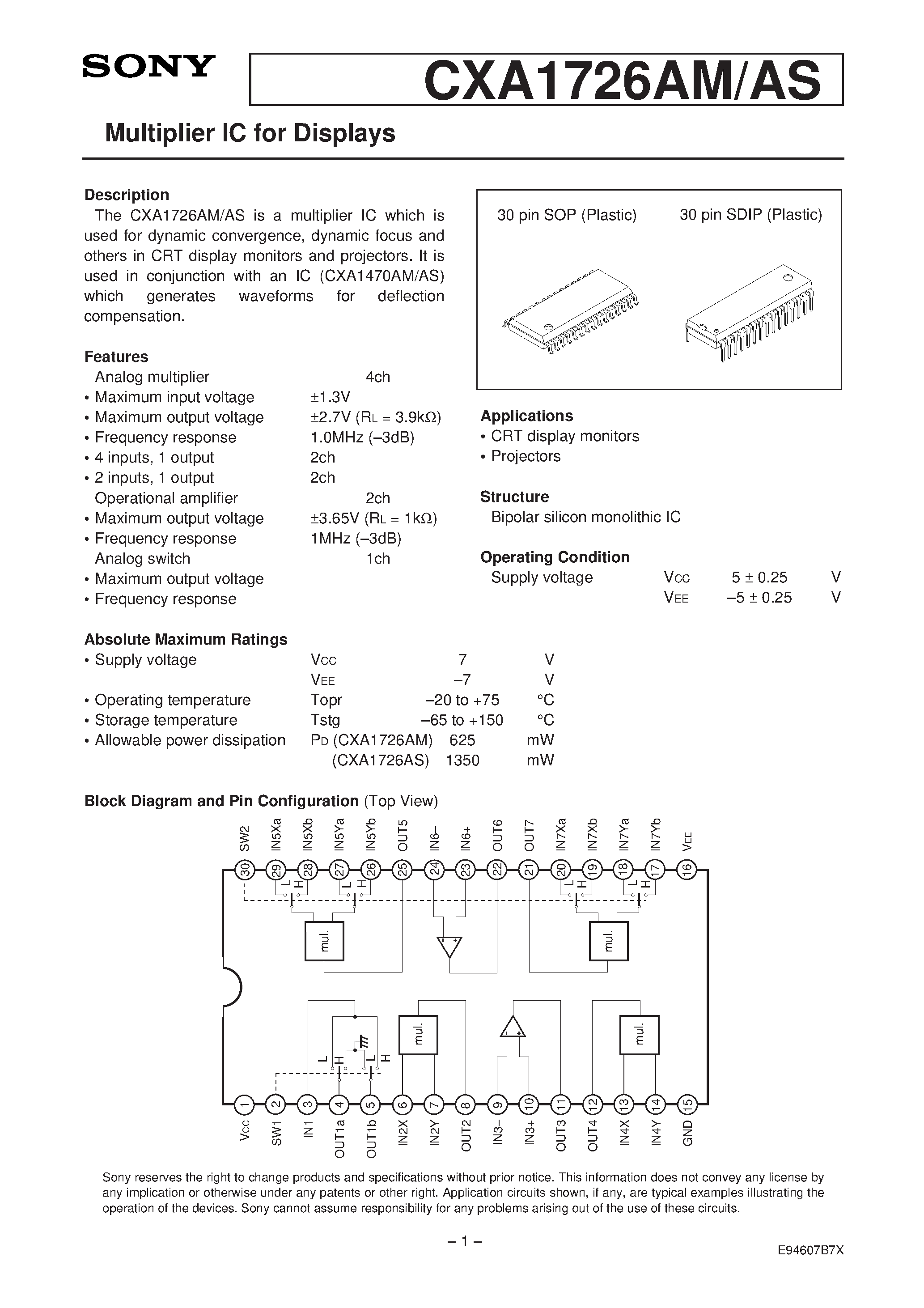 Datasheet CXA1726AM - Multiplier IC for Displays page 1