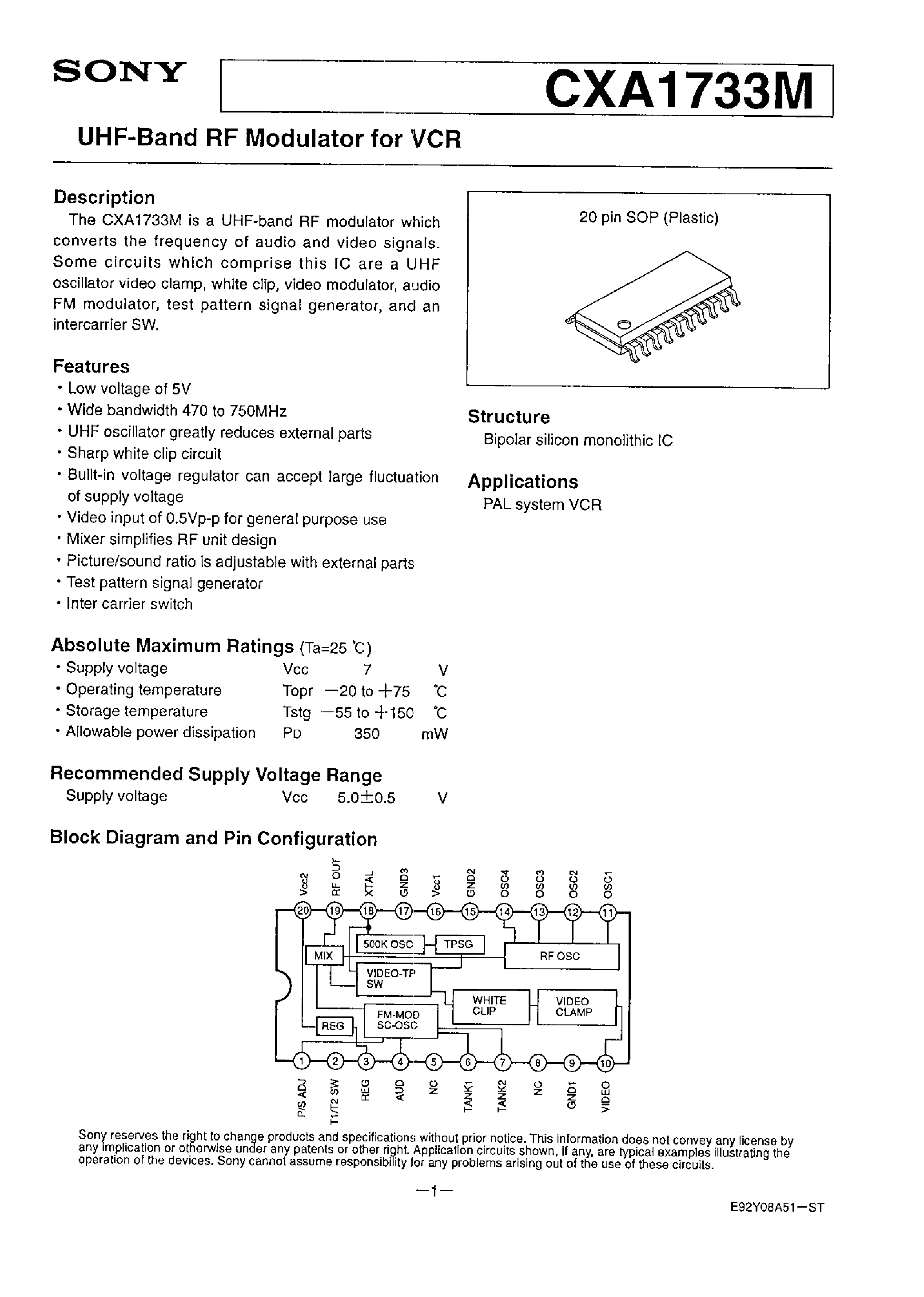 Datasheet CXA1733 - UHF-BAND RF MODULATOR FOR VCR page 1