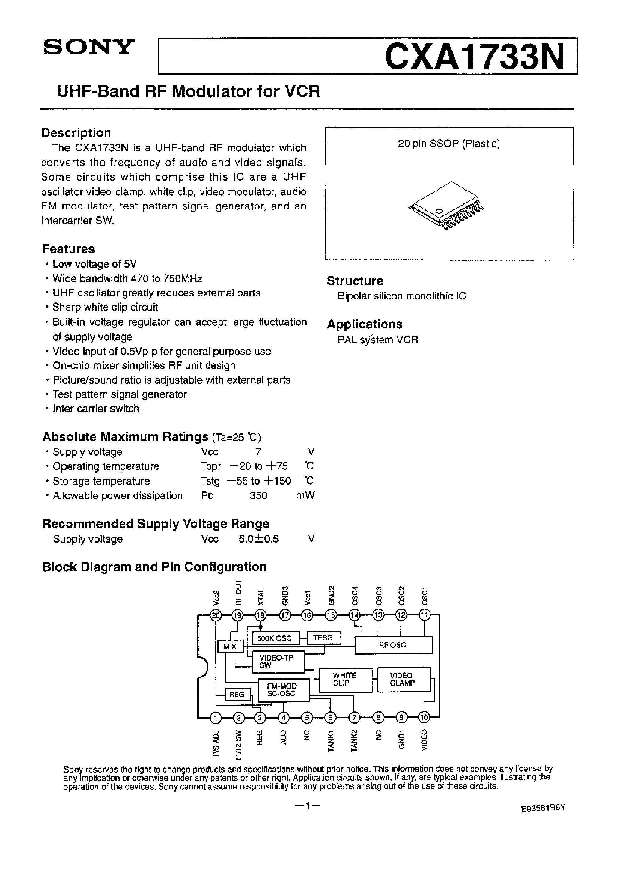 Datasheet CXA1733N - UHF-BAND RF MODULATOR FOR VCR page 1