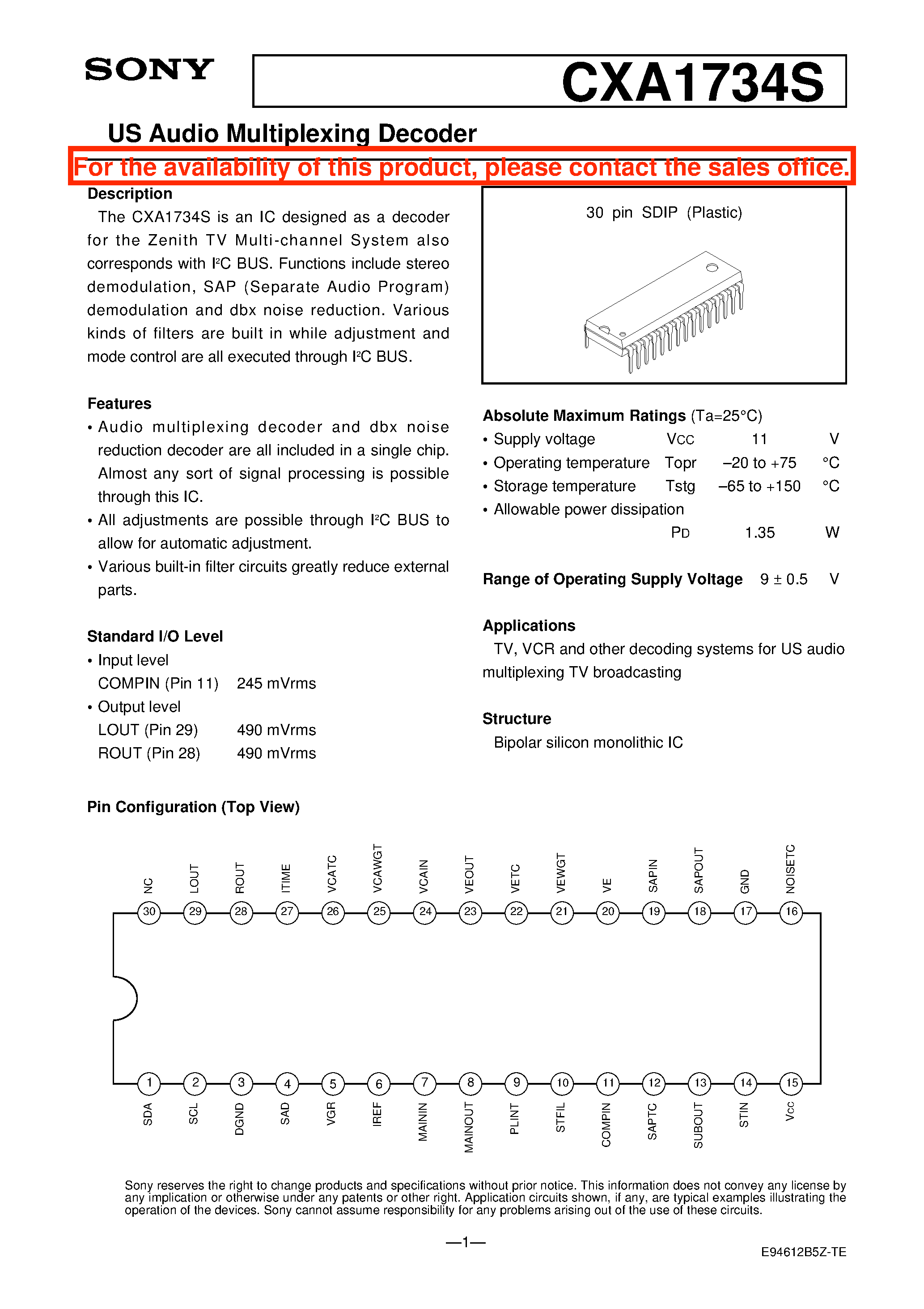 Datasheet CXA1734S - US Audio Multiplexing Decoder page 1