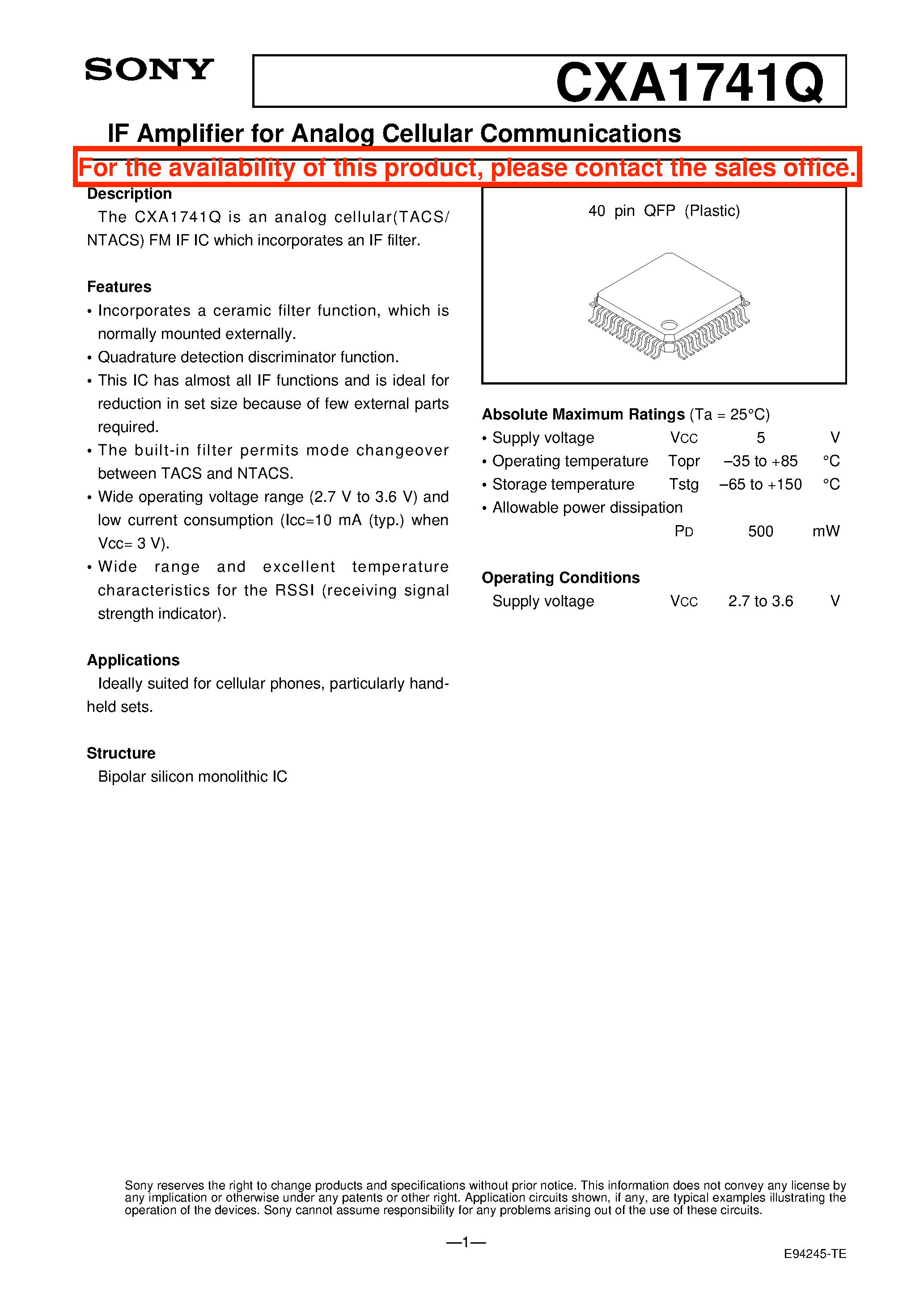 Datasheet CXA1741Q - IF Amplifier for Analog Cellular Communications page 1