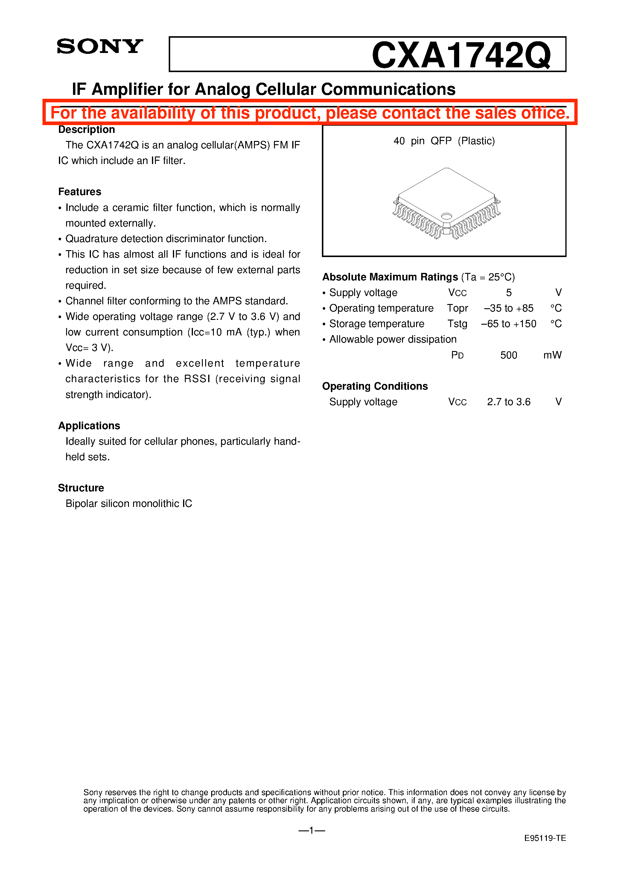 Datasheet CXA1742Q - IF Amplifier for Analog Cellular Communications page 1