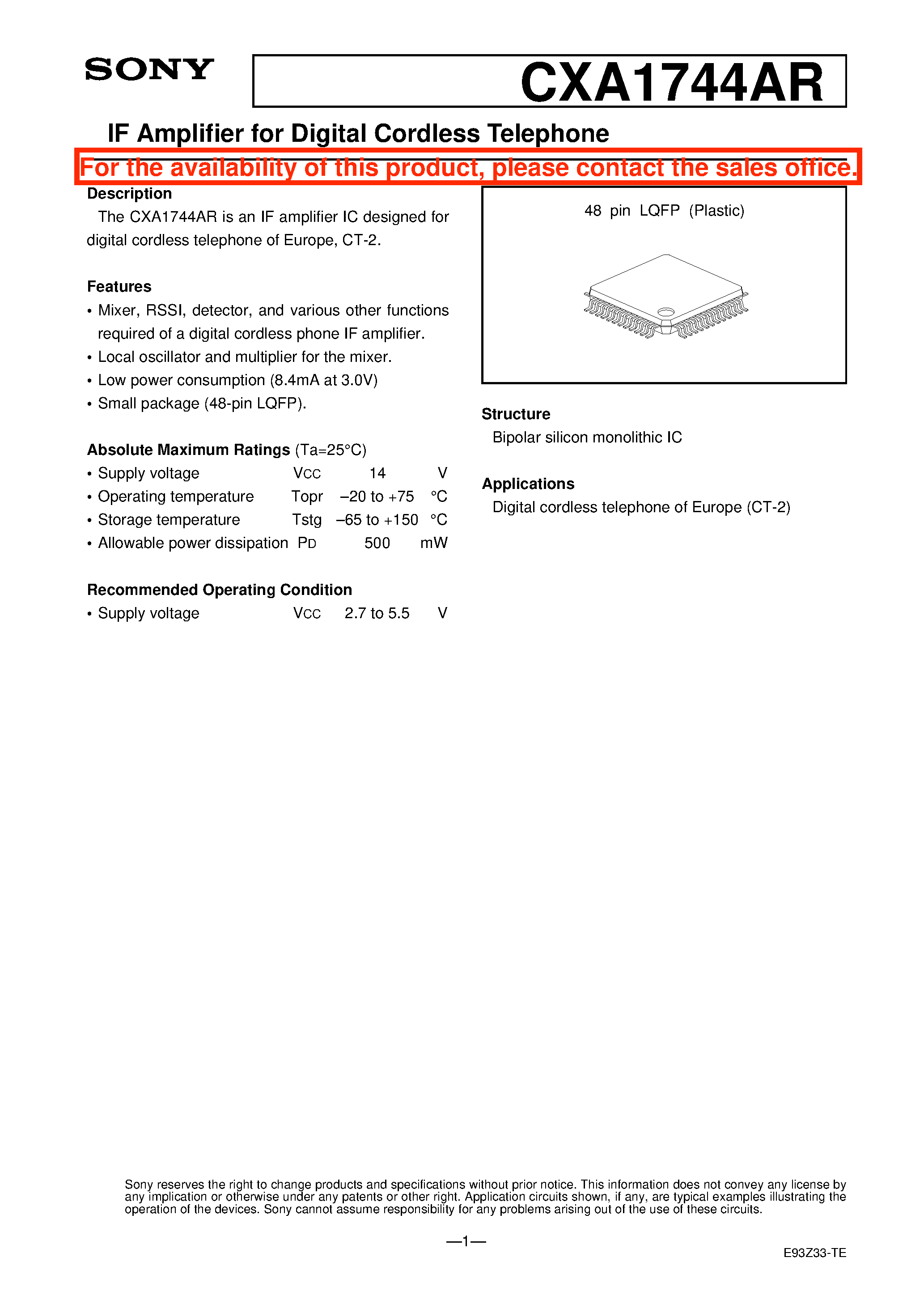 Datasheet CXA1744AR - IF Amplifier for Digital Cordless Telephone page 1