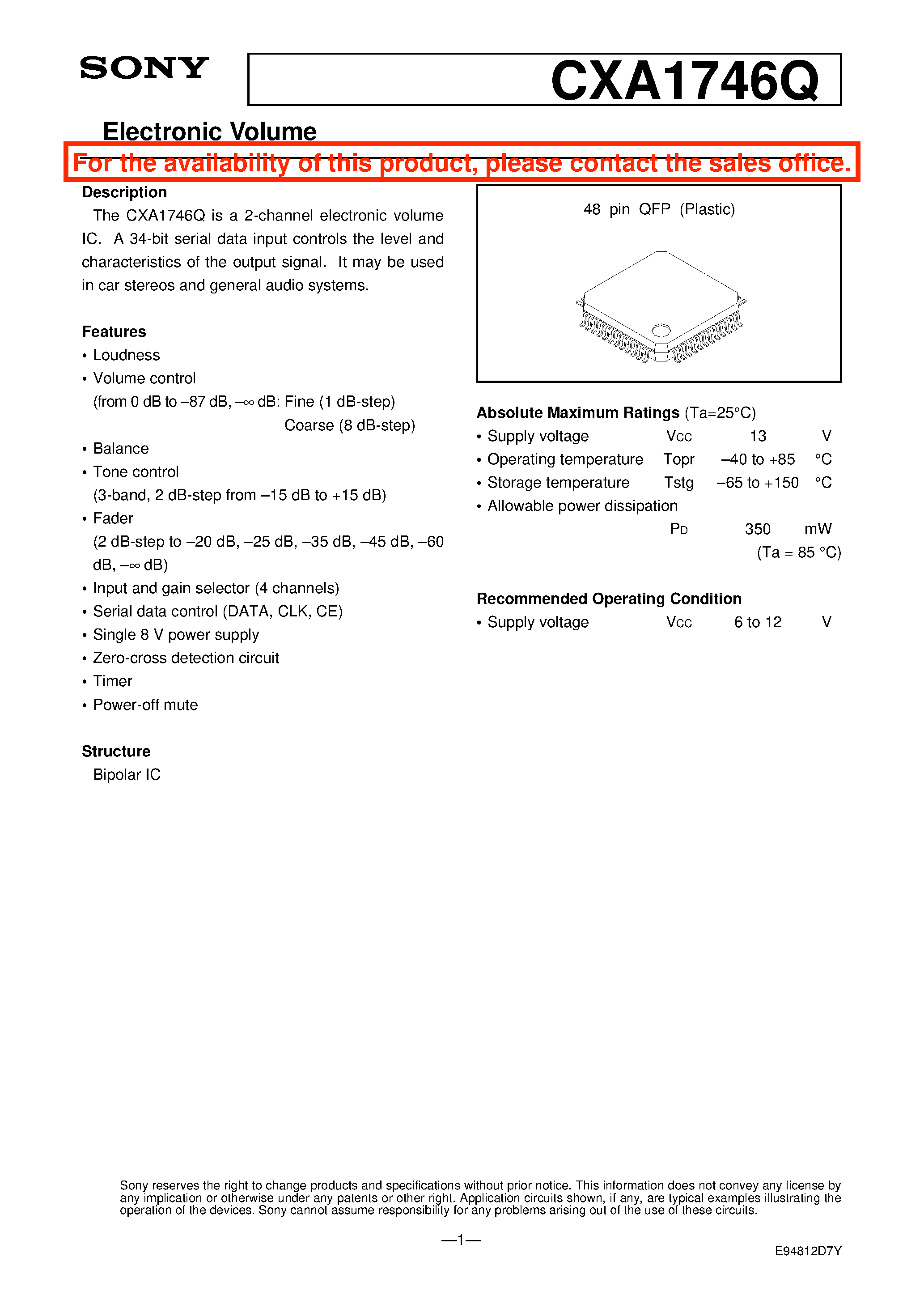 Datasheet CXA1746Q - Electronic Volume page 1