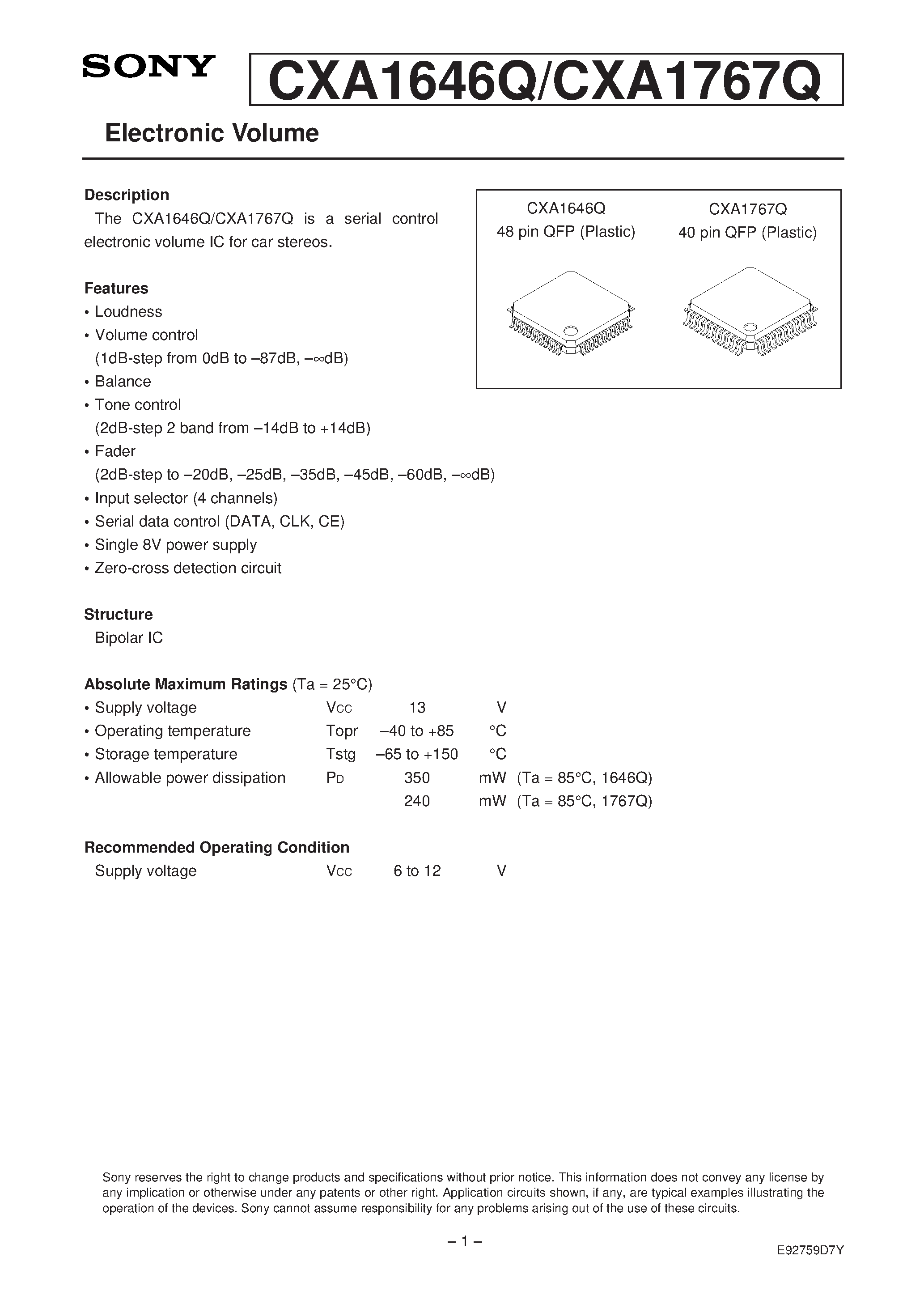 Datasheet CXA1767Q - Electronic Volume page 1