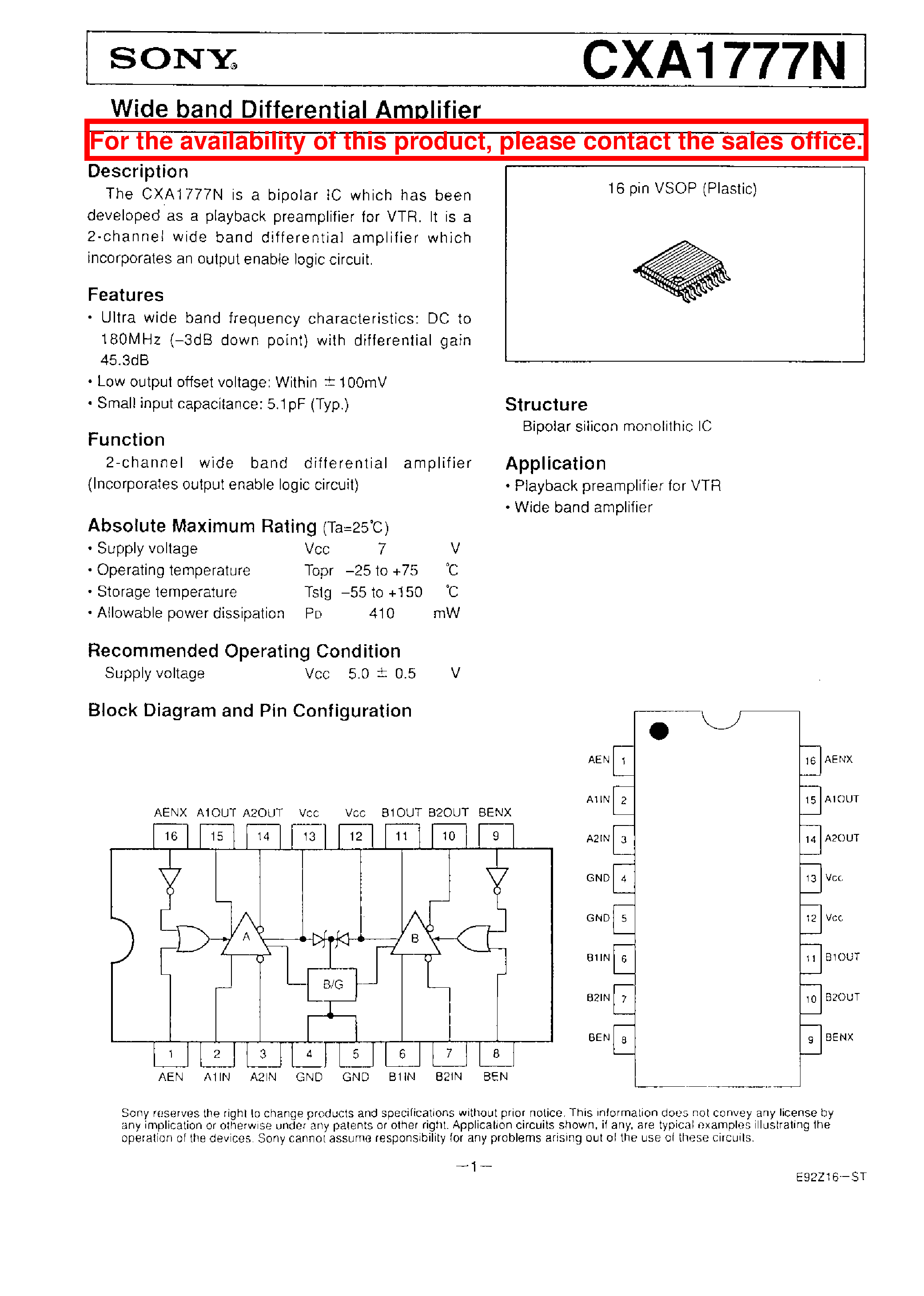 Datasheet CXA1777N - WIDE BAND DIFFERENTIAL AMPLIFIER page 1