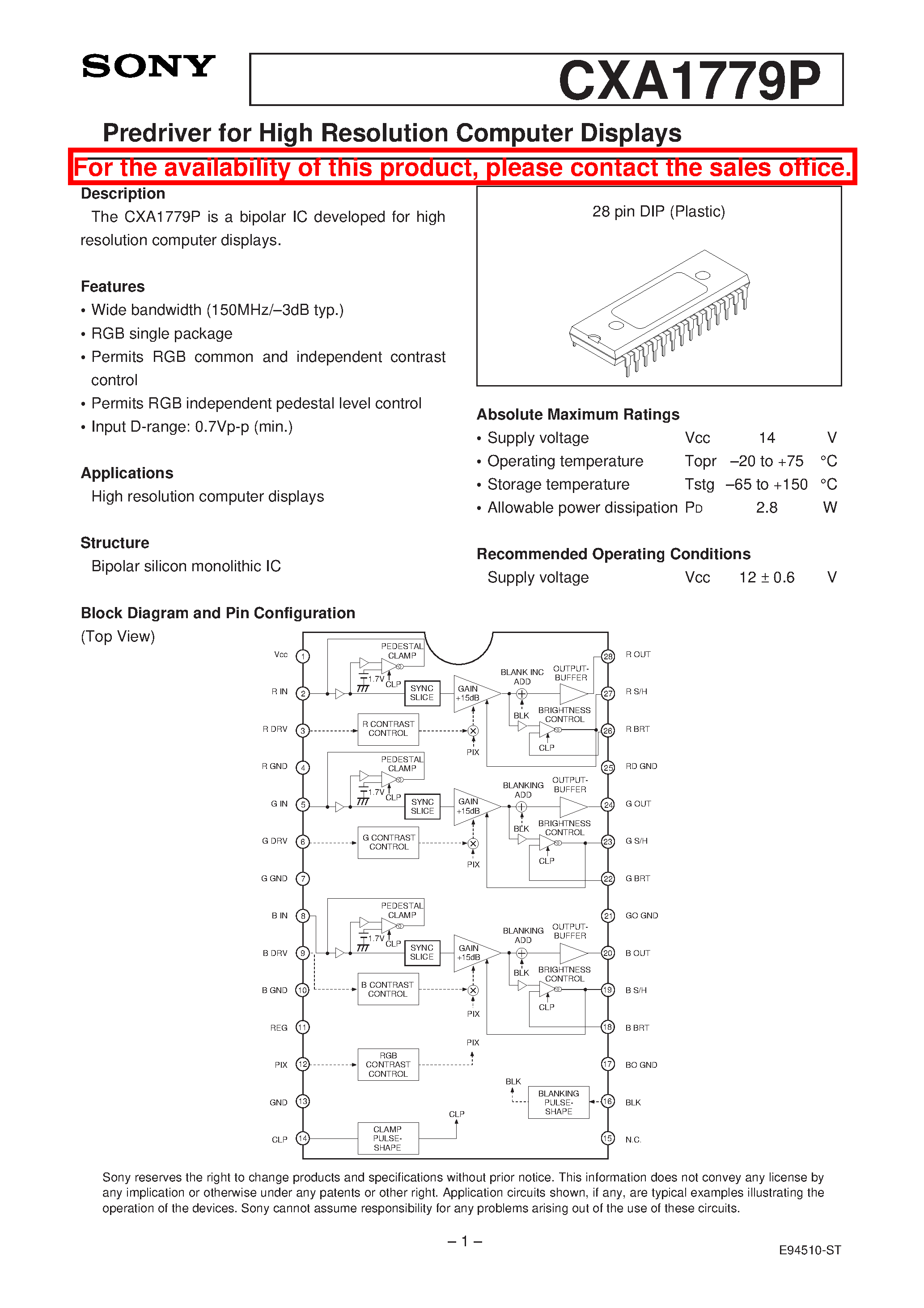 Datasheet CXA1779 - Predriver for High Resolution Computer Displays page 1