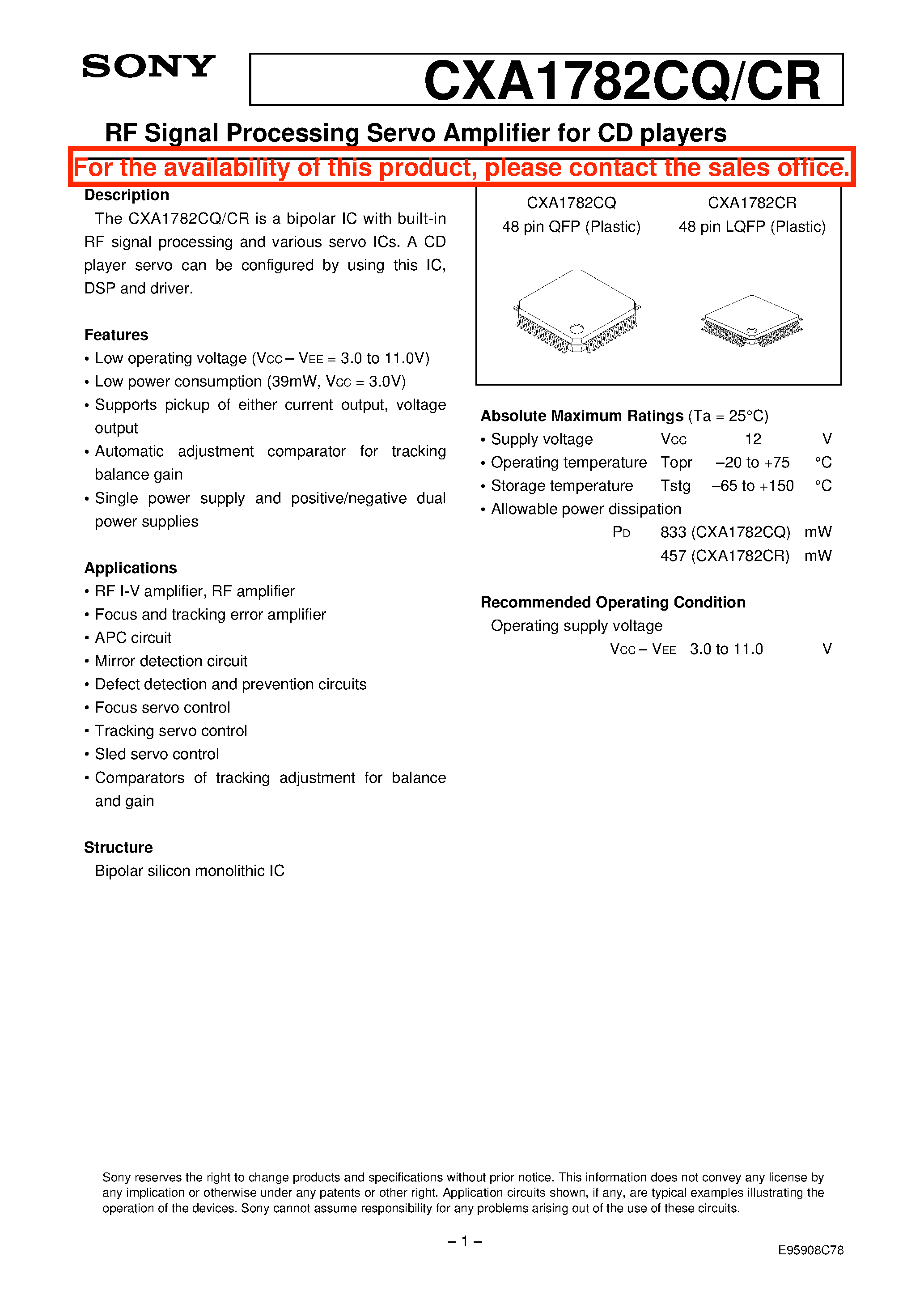 Datasheet CXA1782CQ - RF Signal Processing Servo Amplifier for CD players page 1