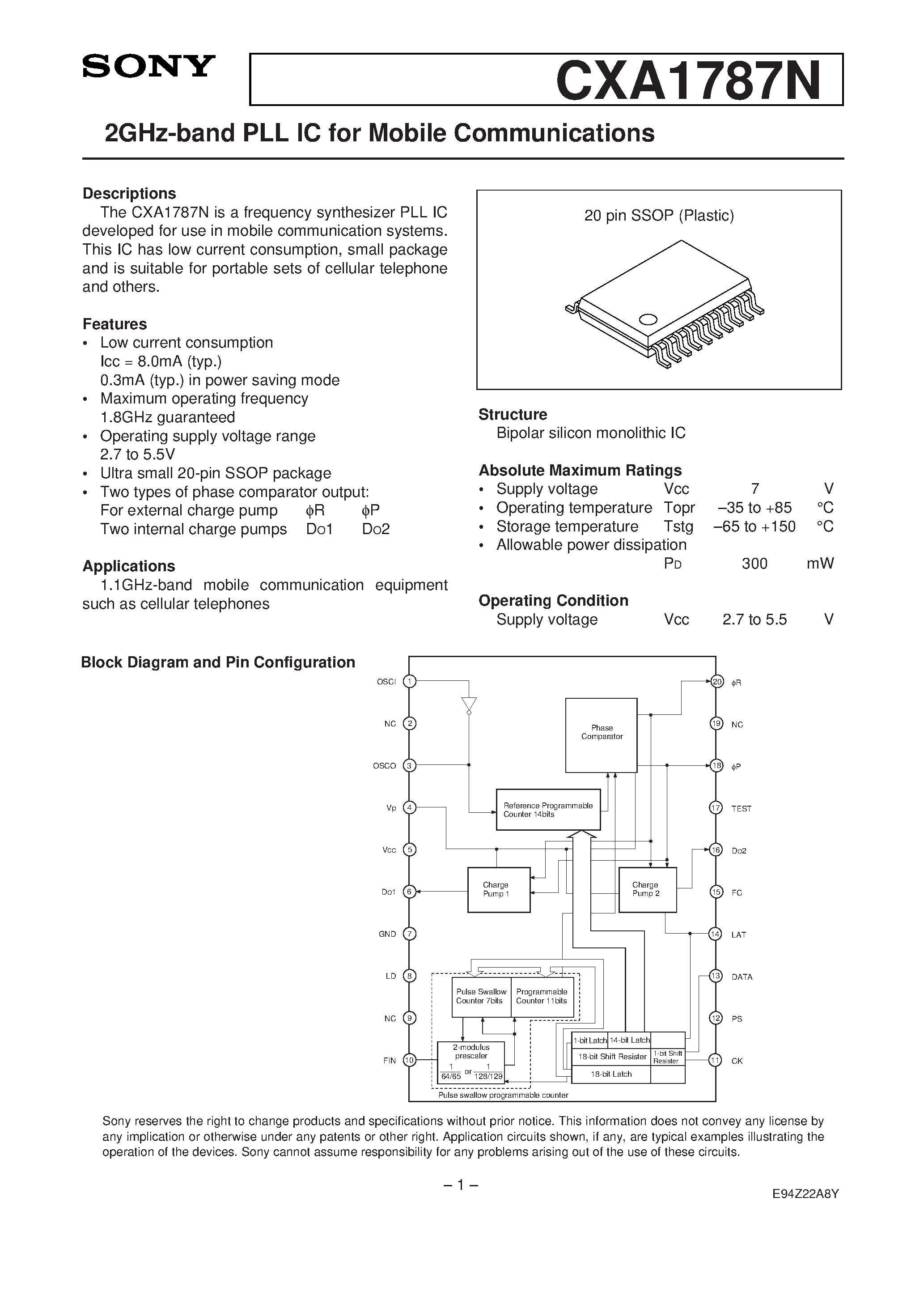 Datasheet CXA1787N - 2GHz-band PLL IC for Mobile Communications page 1