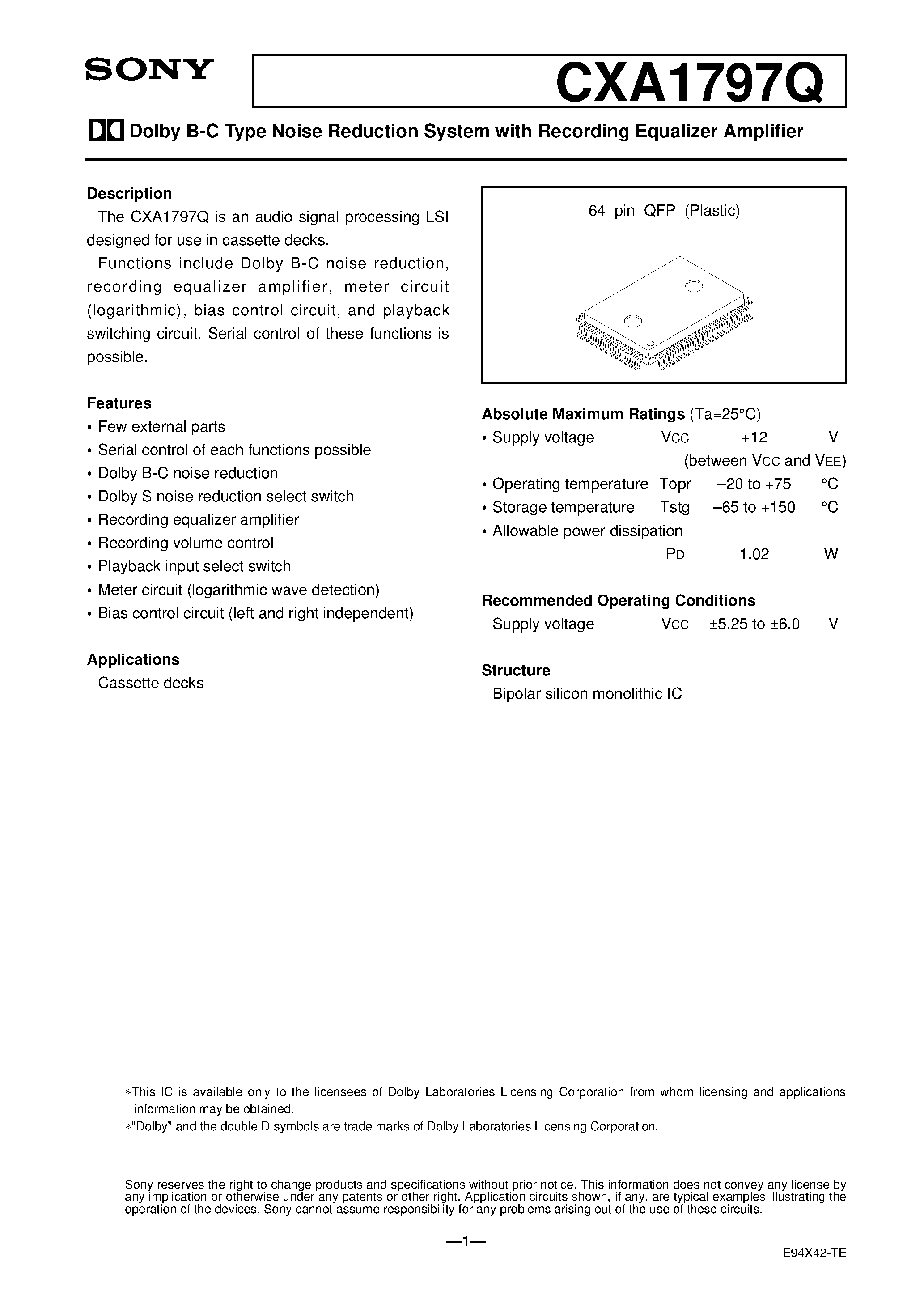 Datasheet CXA1797 - Dolby B-C Type Noise Reduction System with Recording Equalizer Amplifier page 1