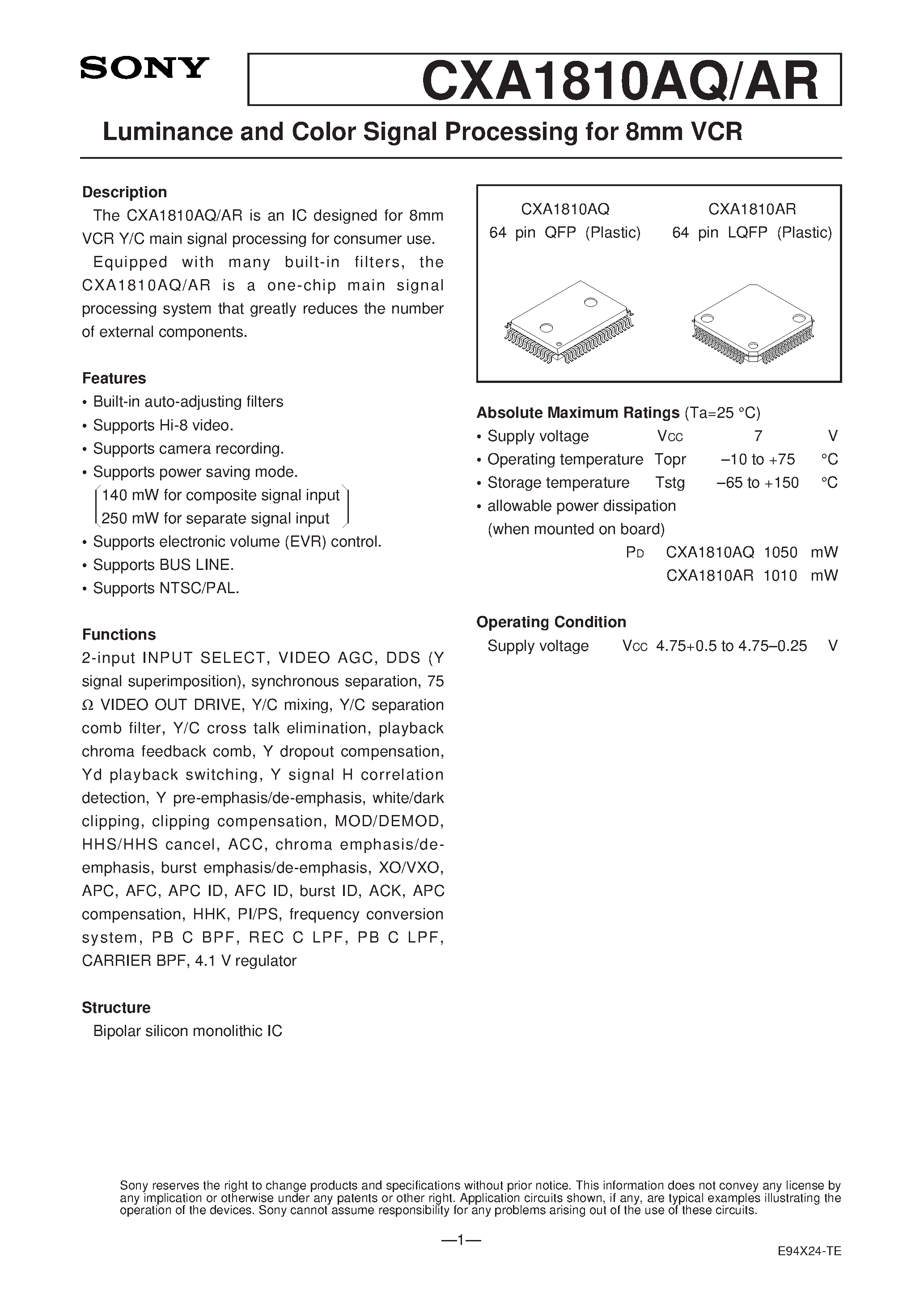 Datasheet CXA1810 - Luminance and Color Signal Processing for 8mm VCR page 1