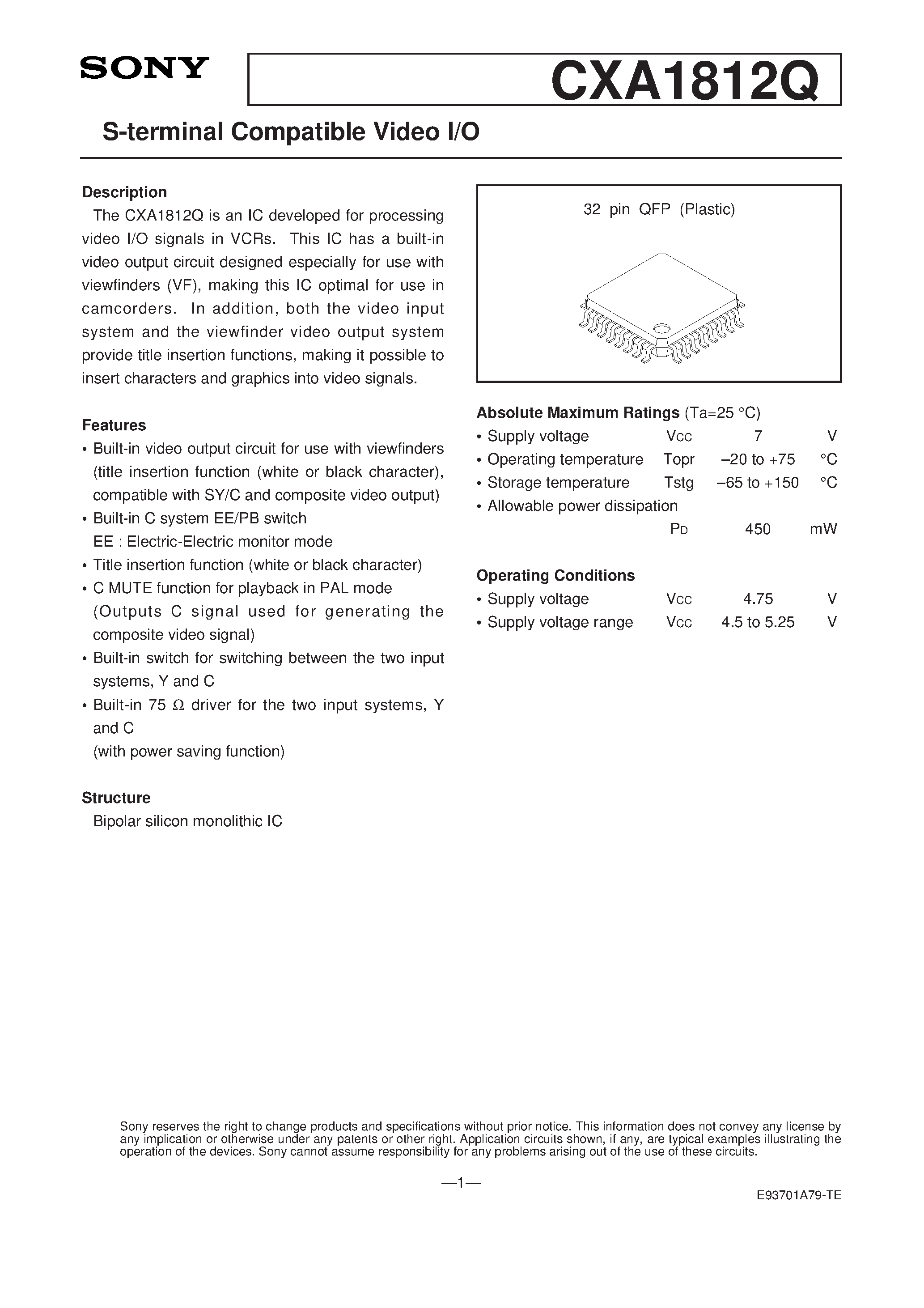 Datasheet CXA1812 - S-terminal Compatible Video I/O page 1